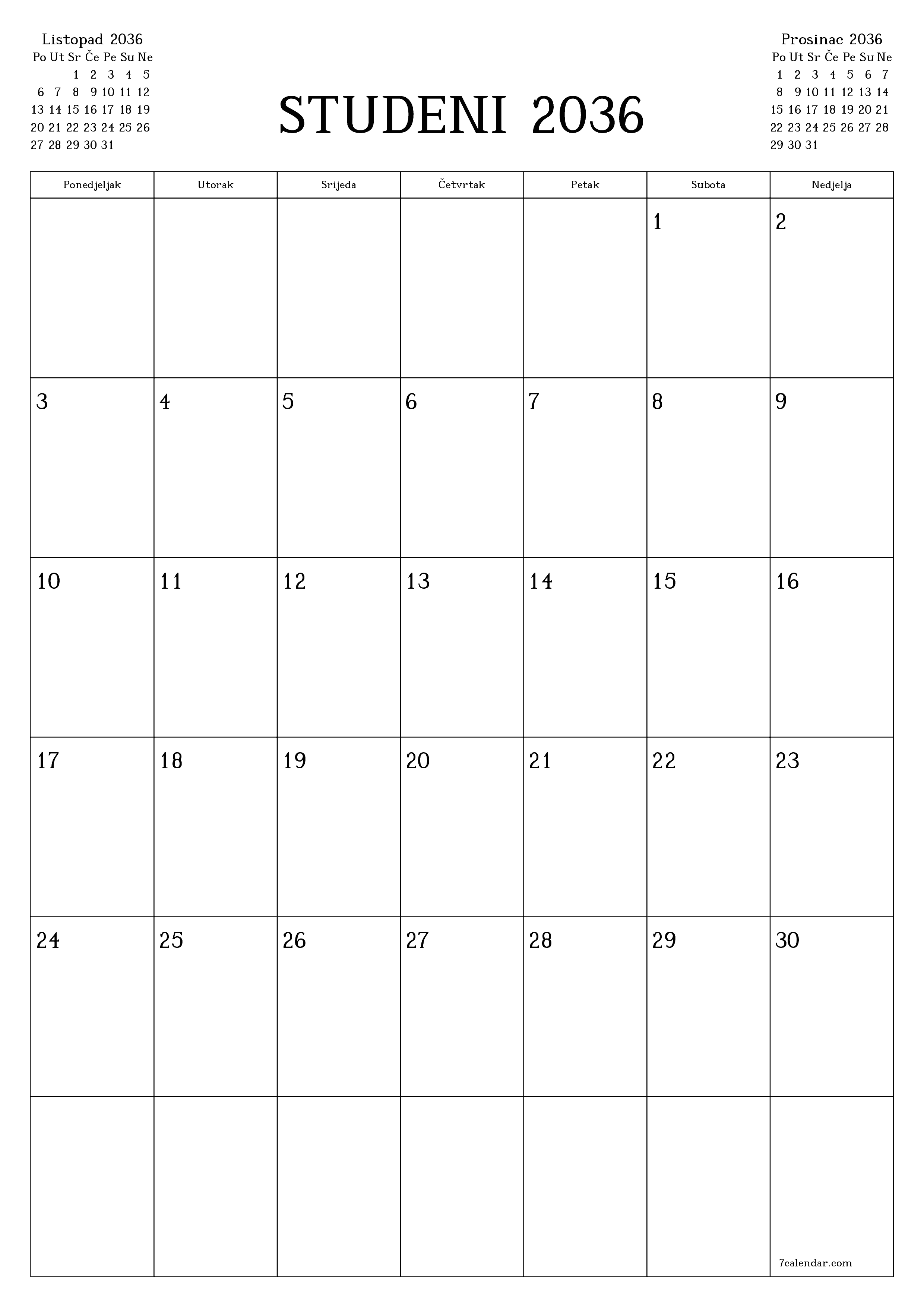  za ispis zidni predložak a besplatni okomito Mjesečni planer kalendar Studeni (Stu) 2036