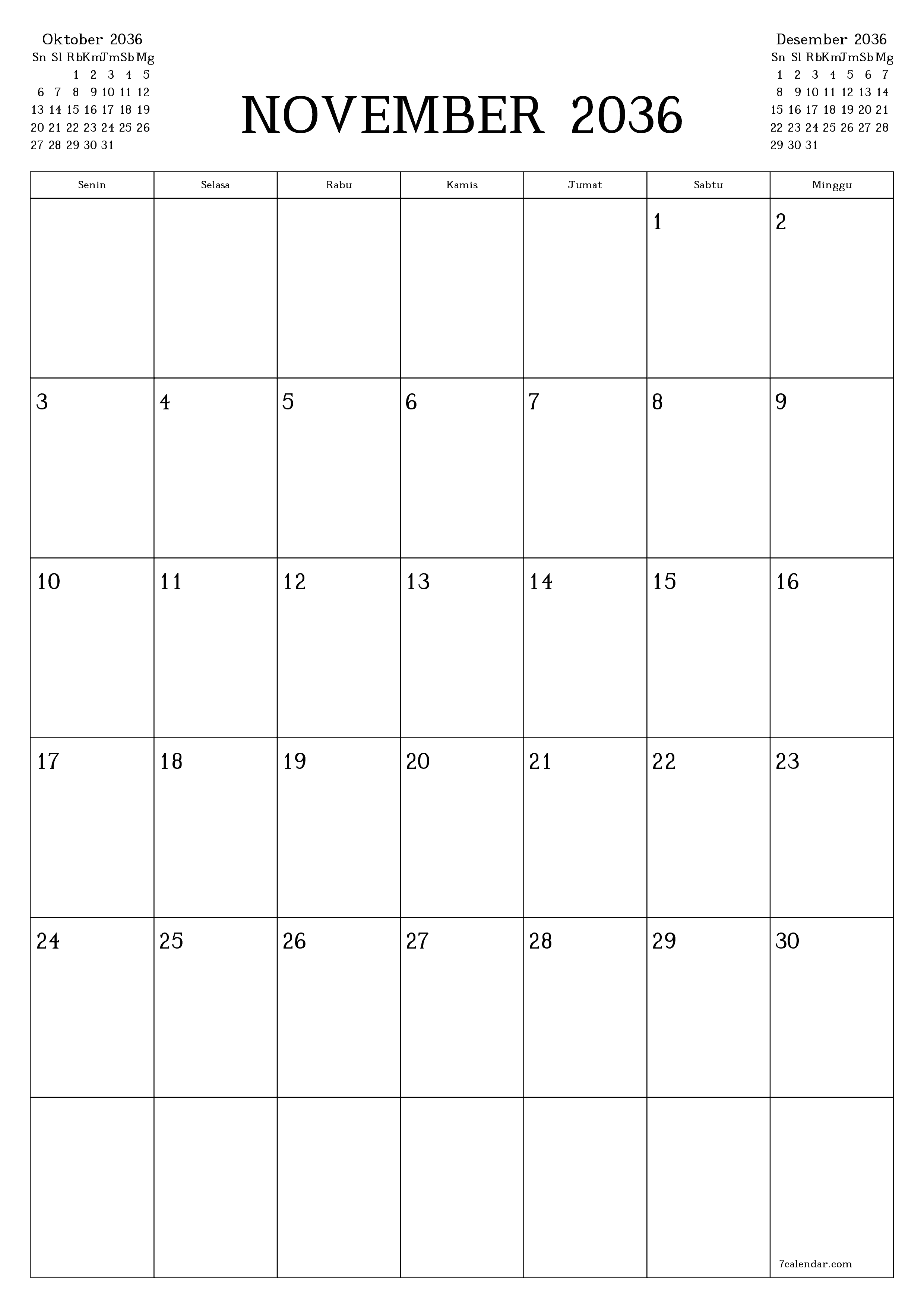 Kosongkan agenda bulanan untuk bulan November 2036 dengan catatan, simpan dan cetak ke PDF PNG Indonesian