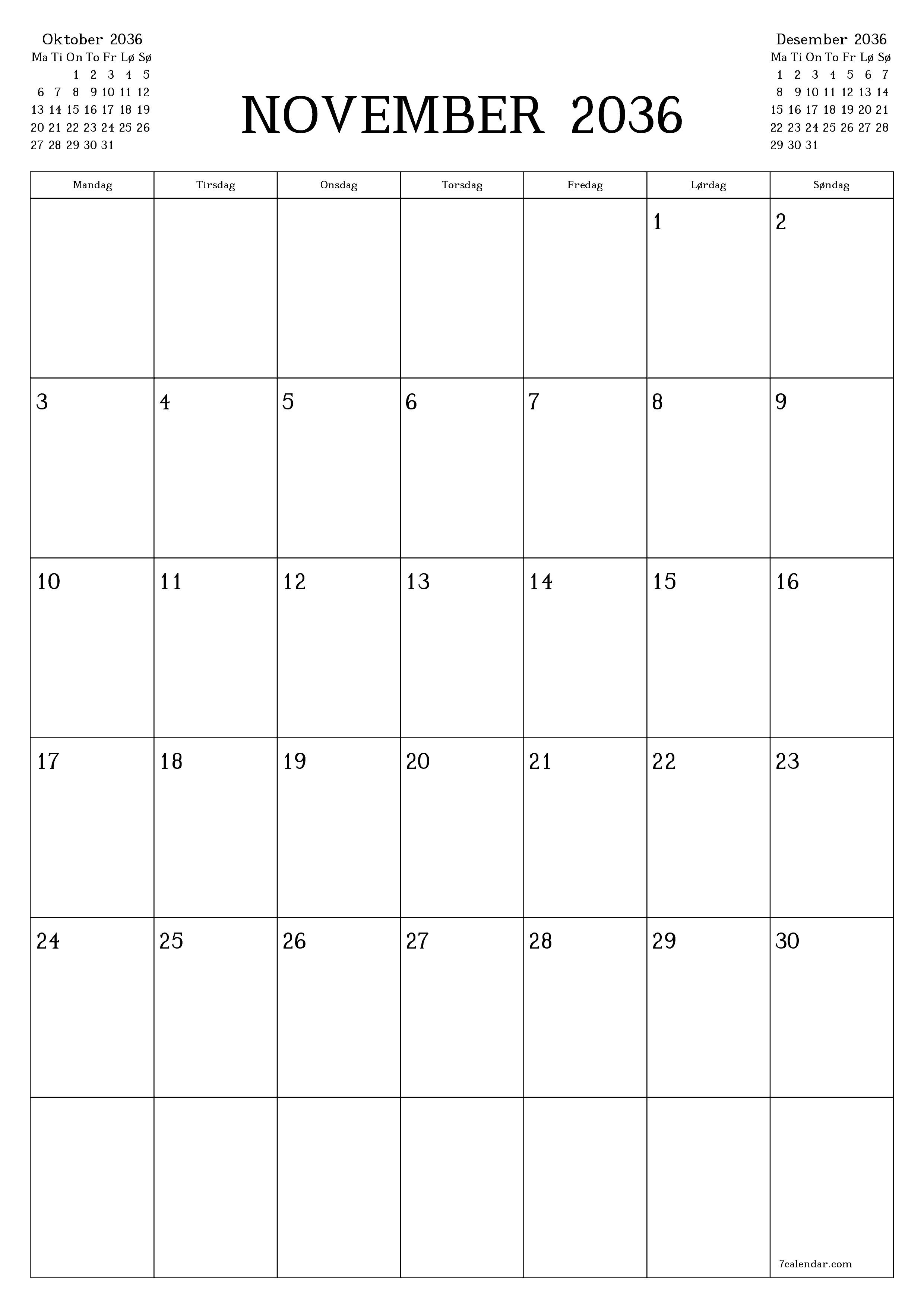 utskrivbar vegg mal gratis vertikal Månedlig planlegger kalender November (Nov) 2036