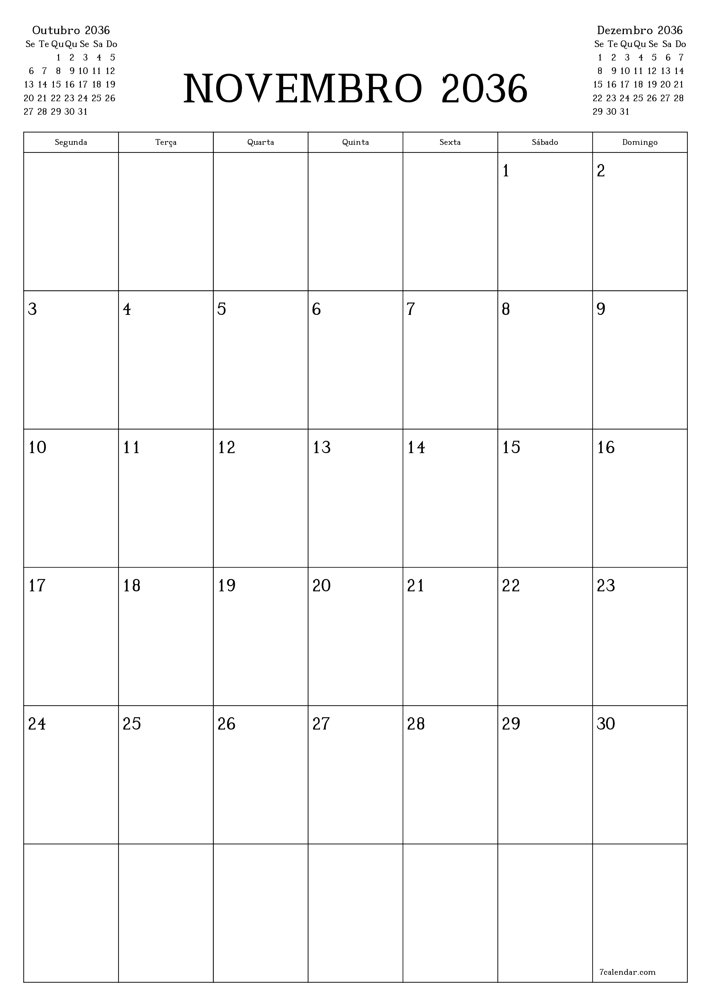  para impressão de parede modelo de grátisvertical Mensal planejador calendário Novembro (Nov) 2036