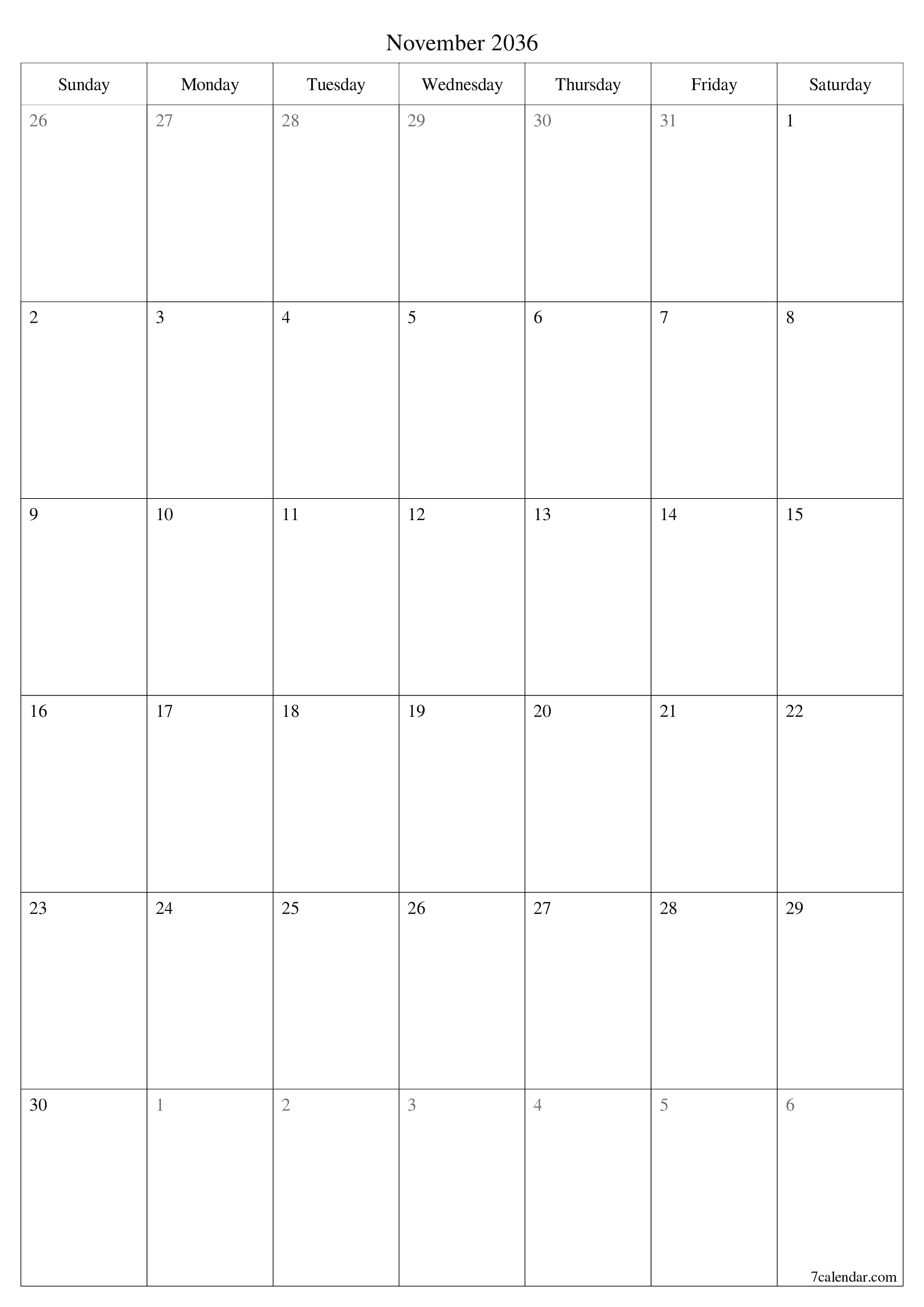 printable wall template free vertical Monthly planner calendar November (Nov) 2036