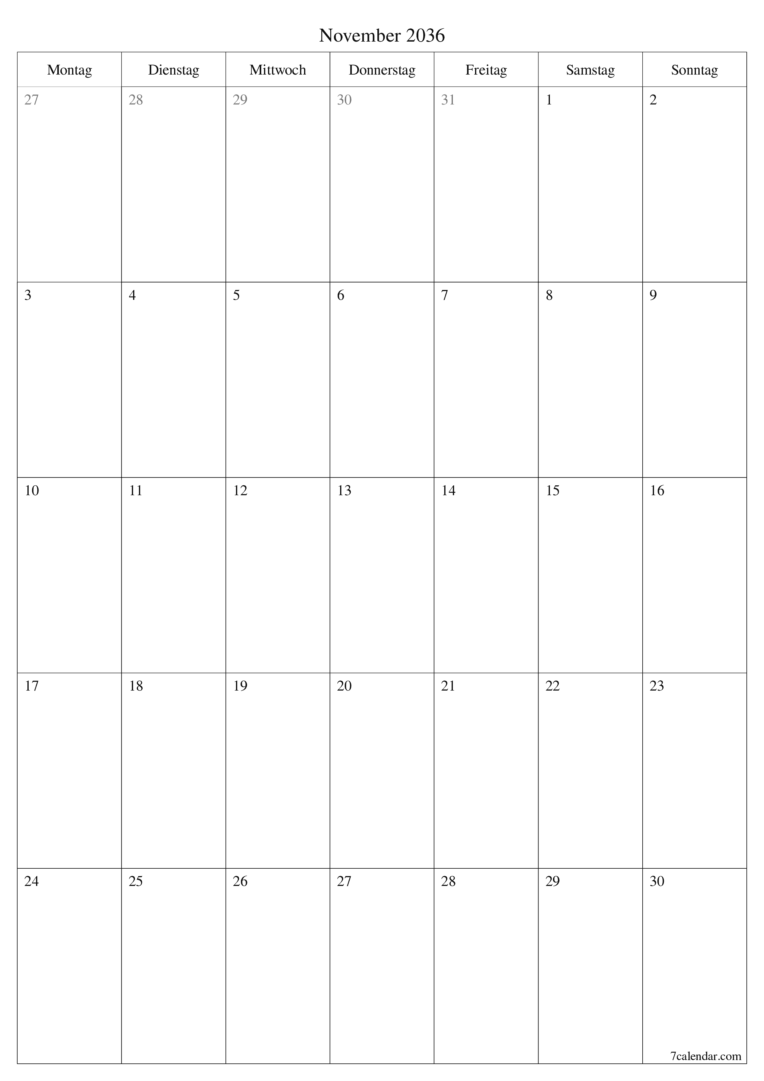  zum Ausdrucken Wandkalender vorlage kostenloser vertikal Monatlich Planer Kalender November (Nov) 2036