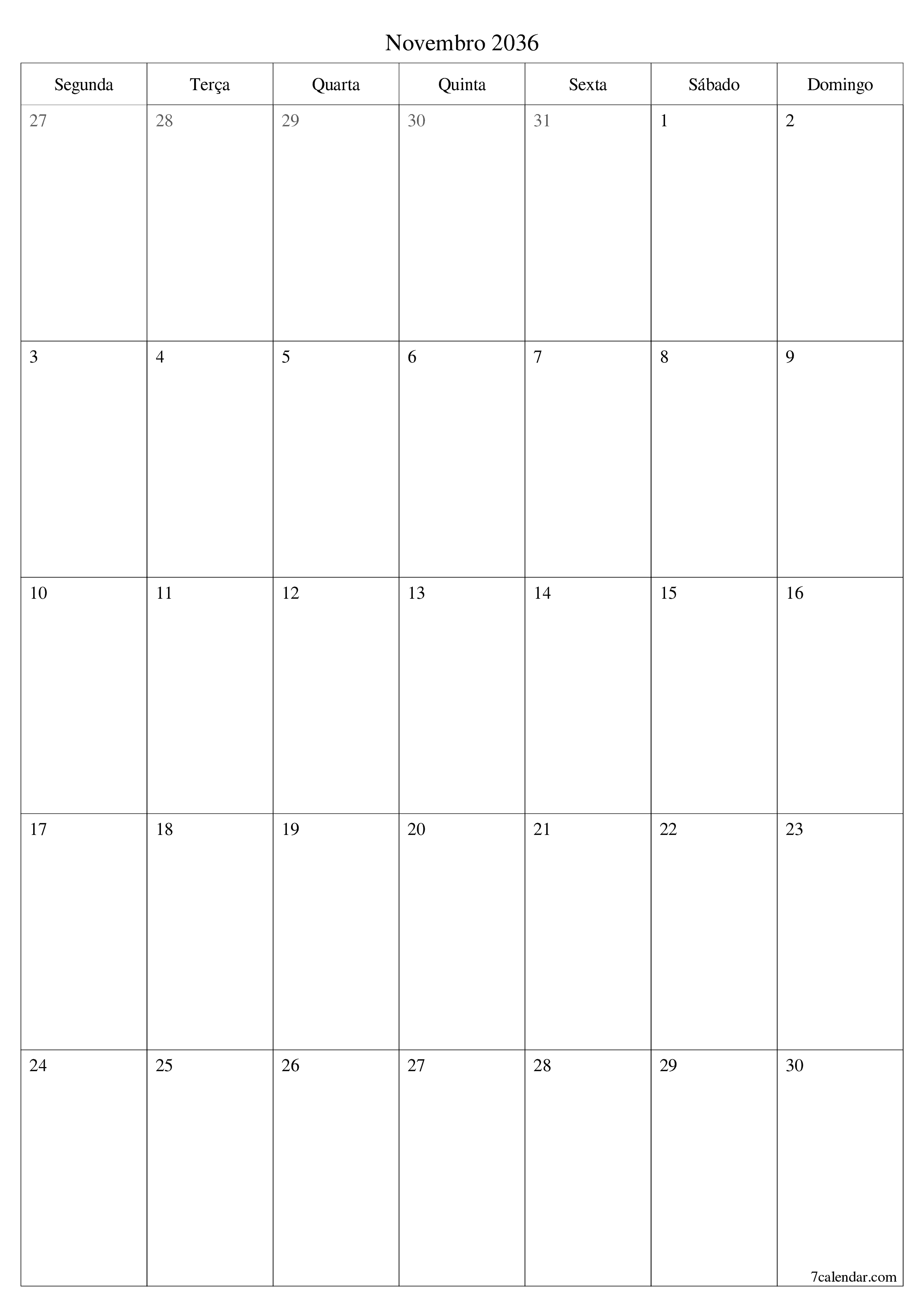  para impressão de parede modelo de grátisvertical Mensal planejador calendário Novembro (Nov) 2036