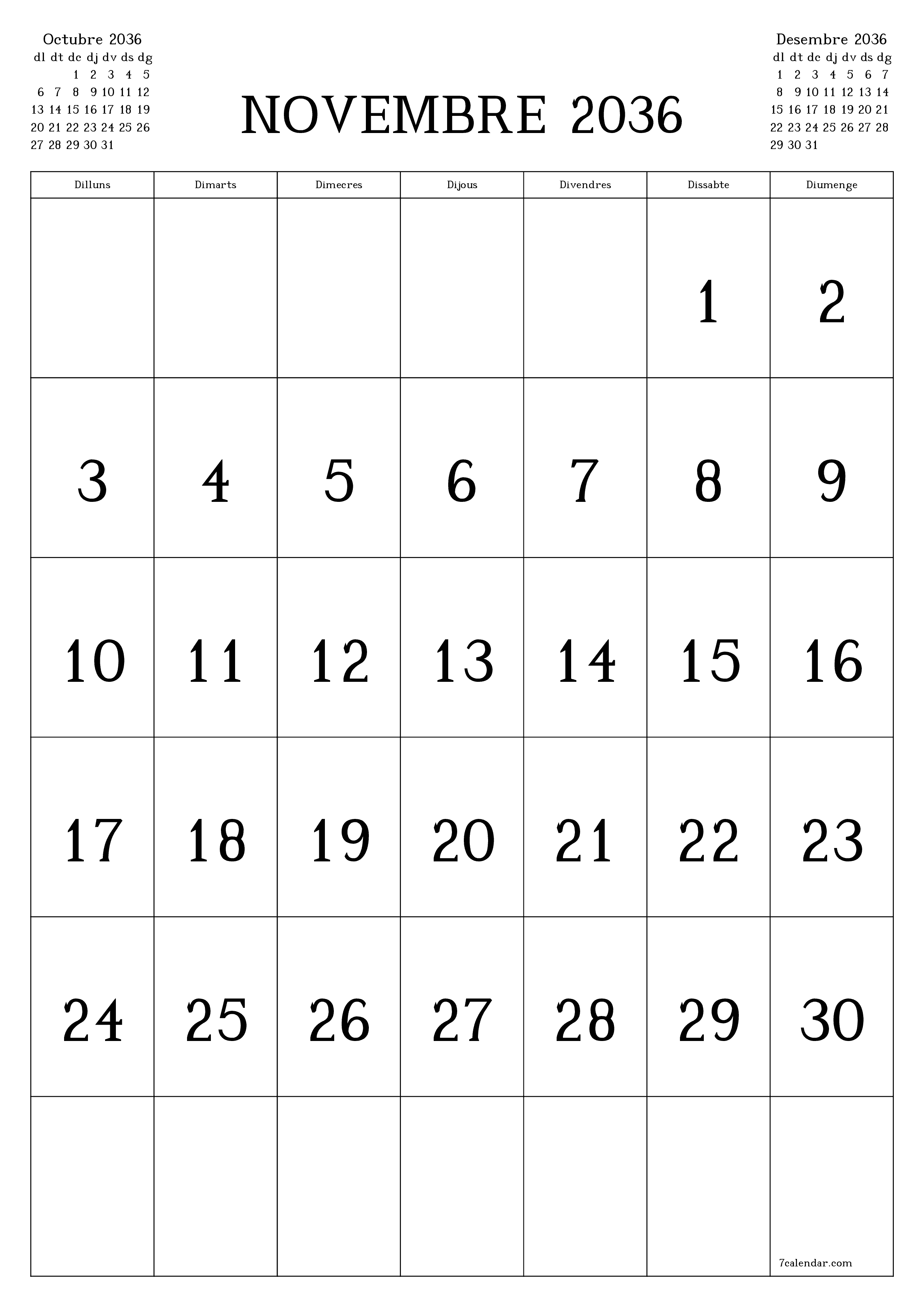  imprimible de paret plantilla de gratuïtvertical Mensual calendari Novembre (Nov) 2036