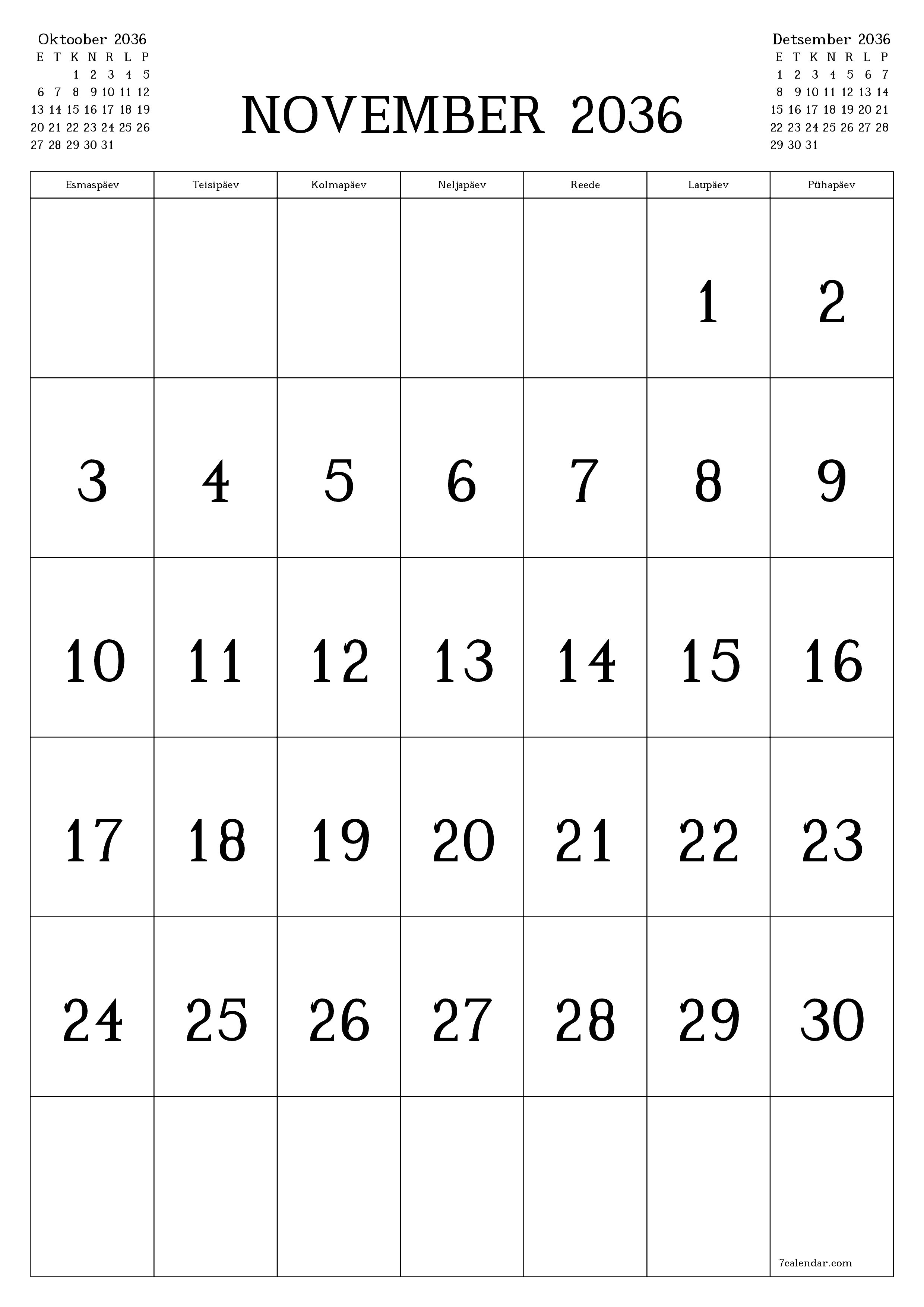 prinditav seina kalendri mall tasuta vertikaalne Igakuine kalender November (Nov) 2036