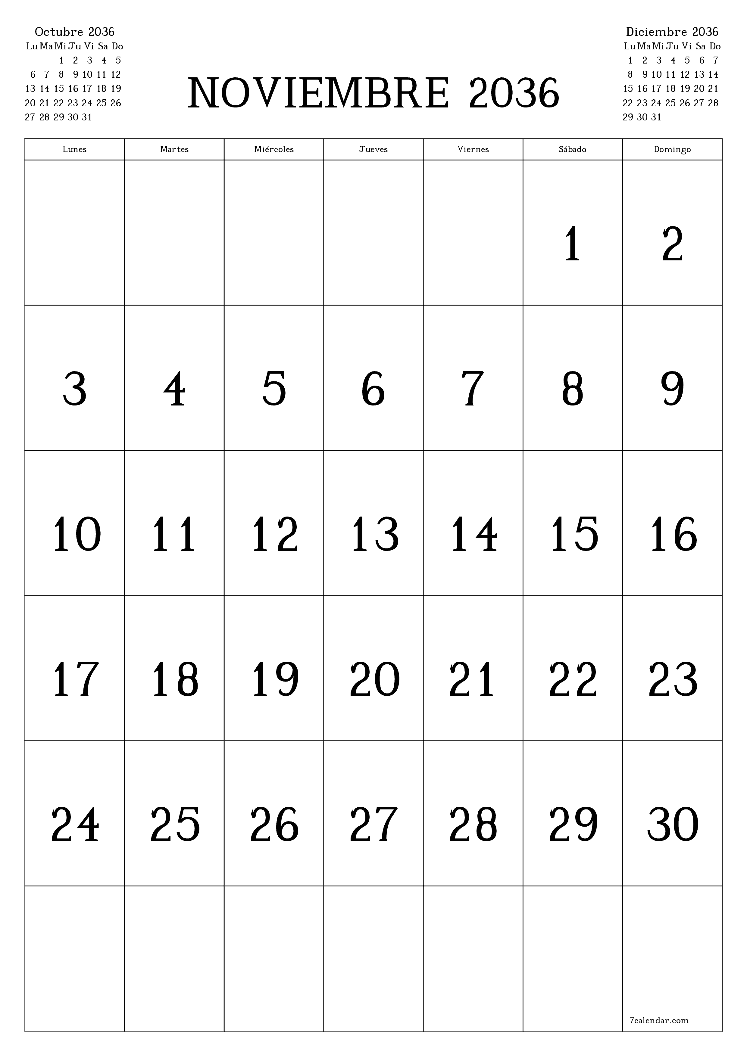  imprimible de pared plantilla de gratisvertical Mensual calendario Noviembre (Nov) 2036