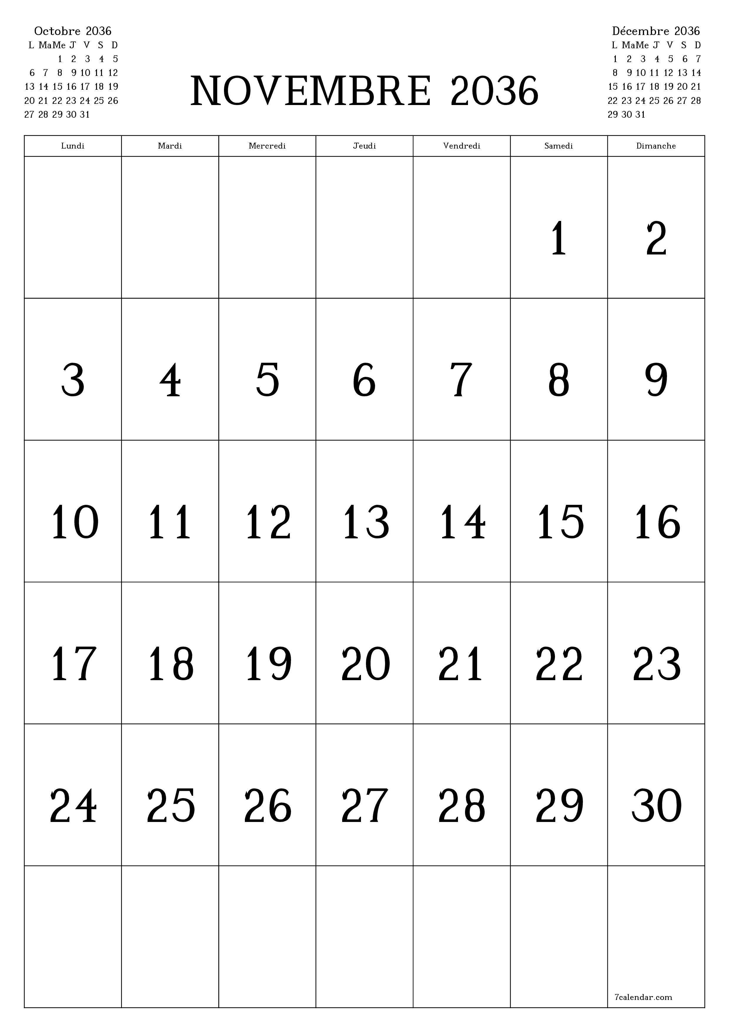  imprimable mural modèle de gratuitverticale Mensuel calendrier Novembre (Nov) 2036