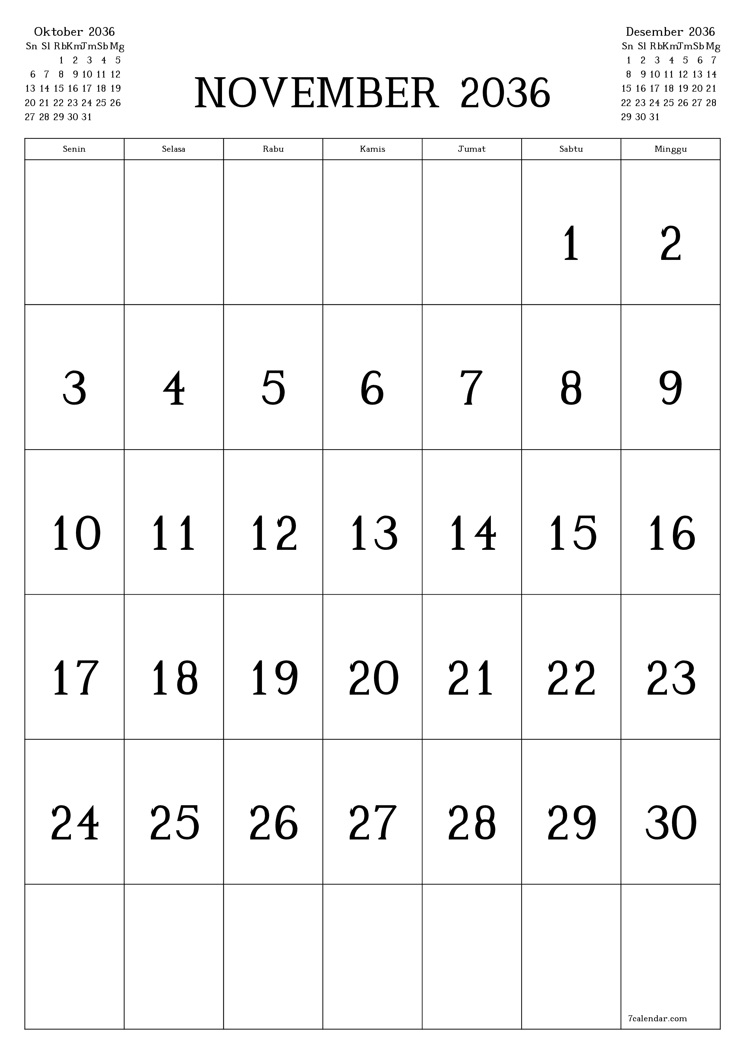  yang dapat dicetak dinding templat gratisvertikal Bulanan kalender November (Nov) 2036