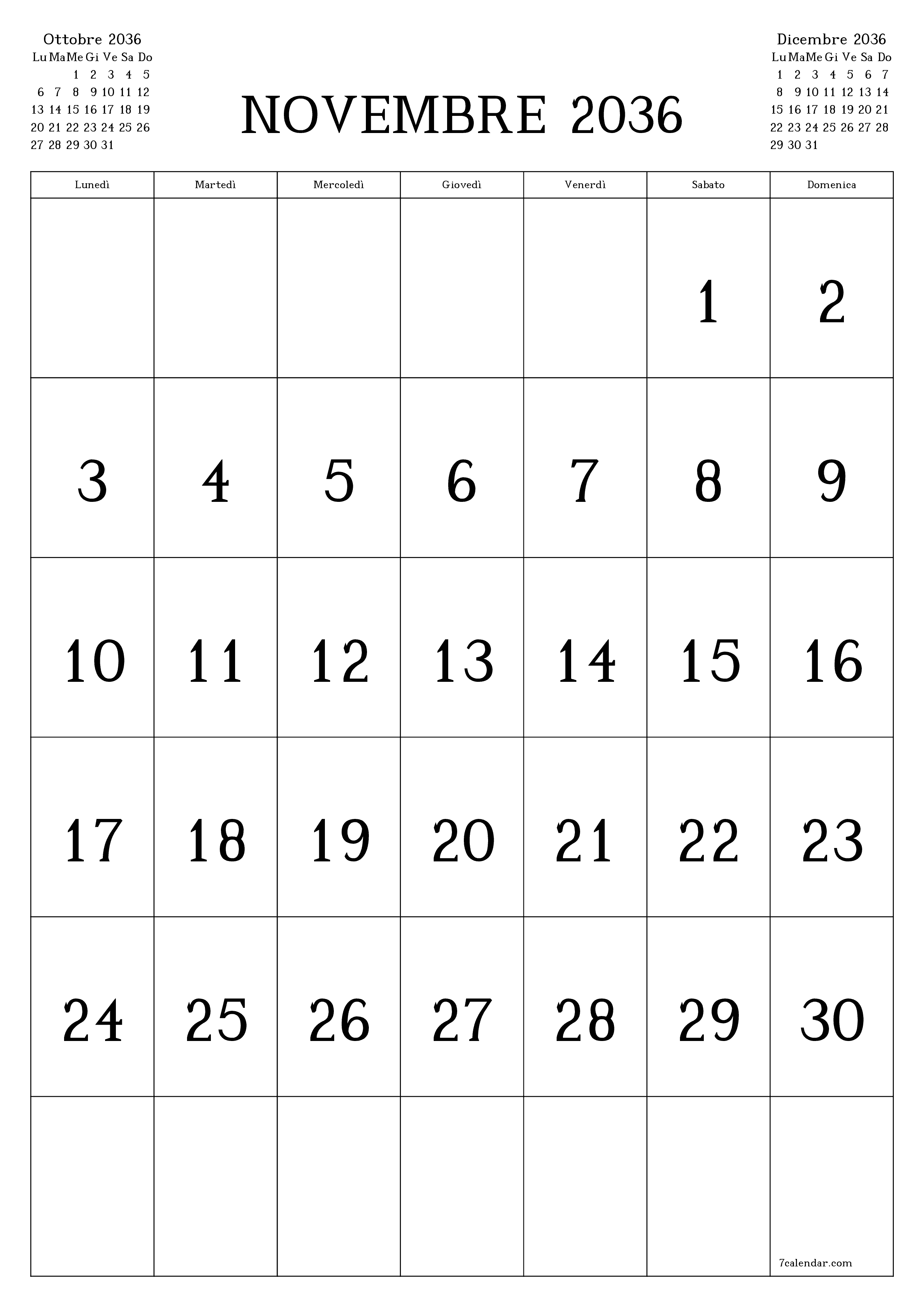  stampabile da parete modello di gratuitoverticale Mensile calendario Novembre (Nov) 2036
