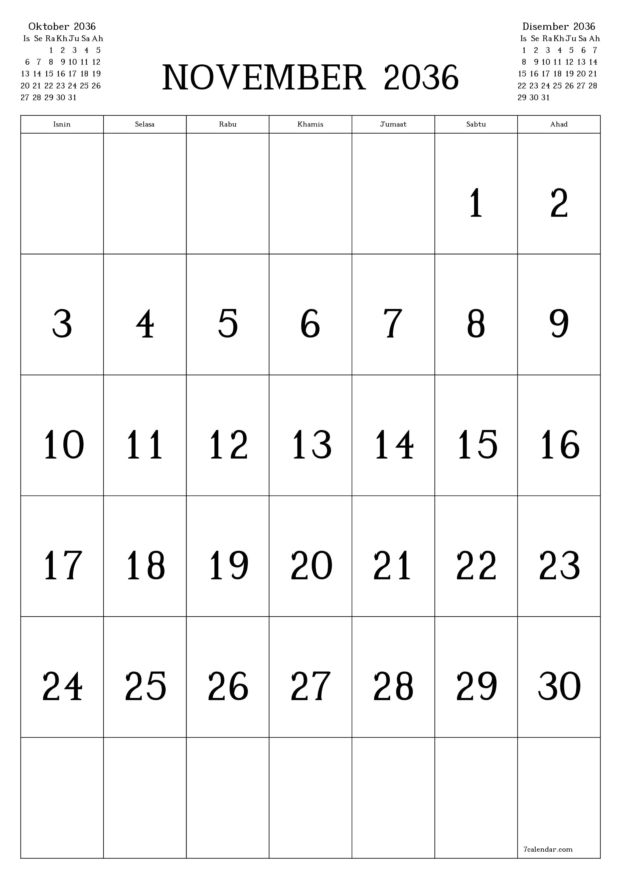  boleh cetak dinding templat percumamenegak Bulanan kalendar November (Nov) 2036