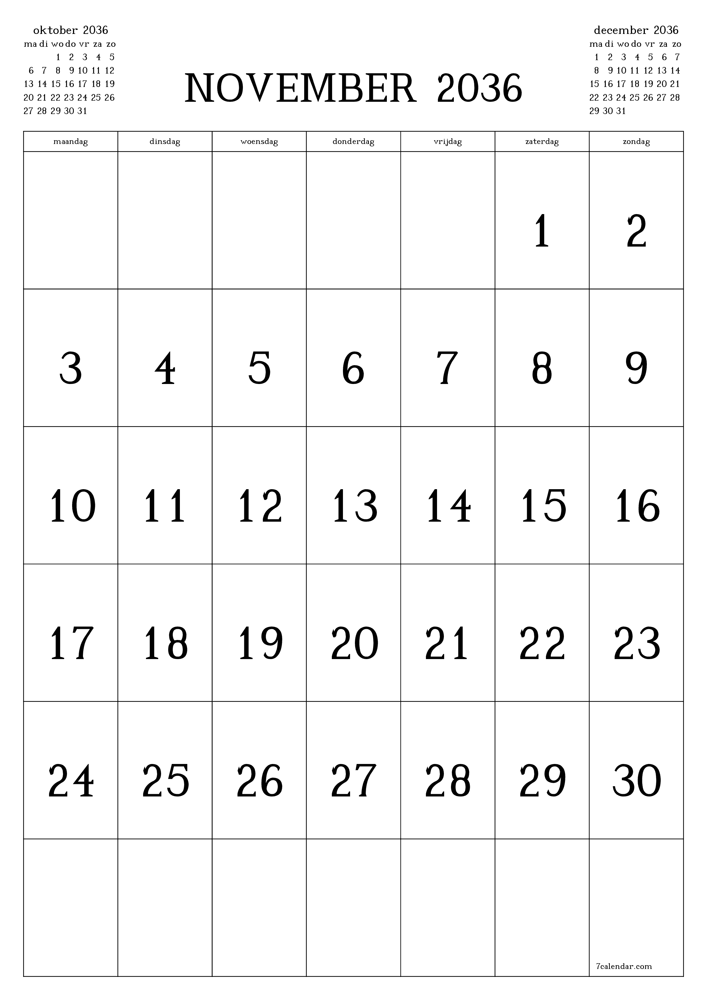 afdrukbare muur sjabloon gratis verticaal Maandelijks kalender november (nov) 2036