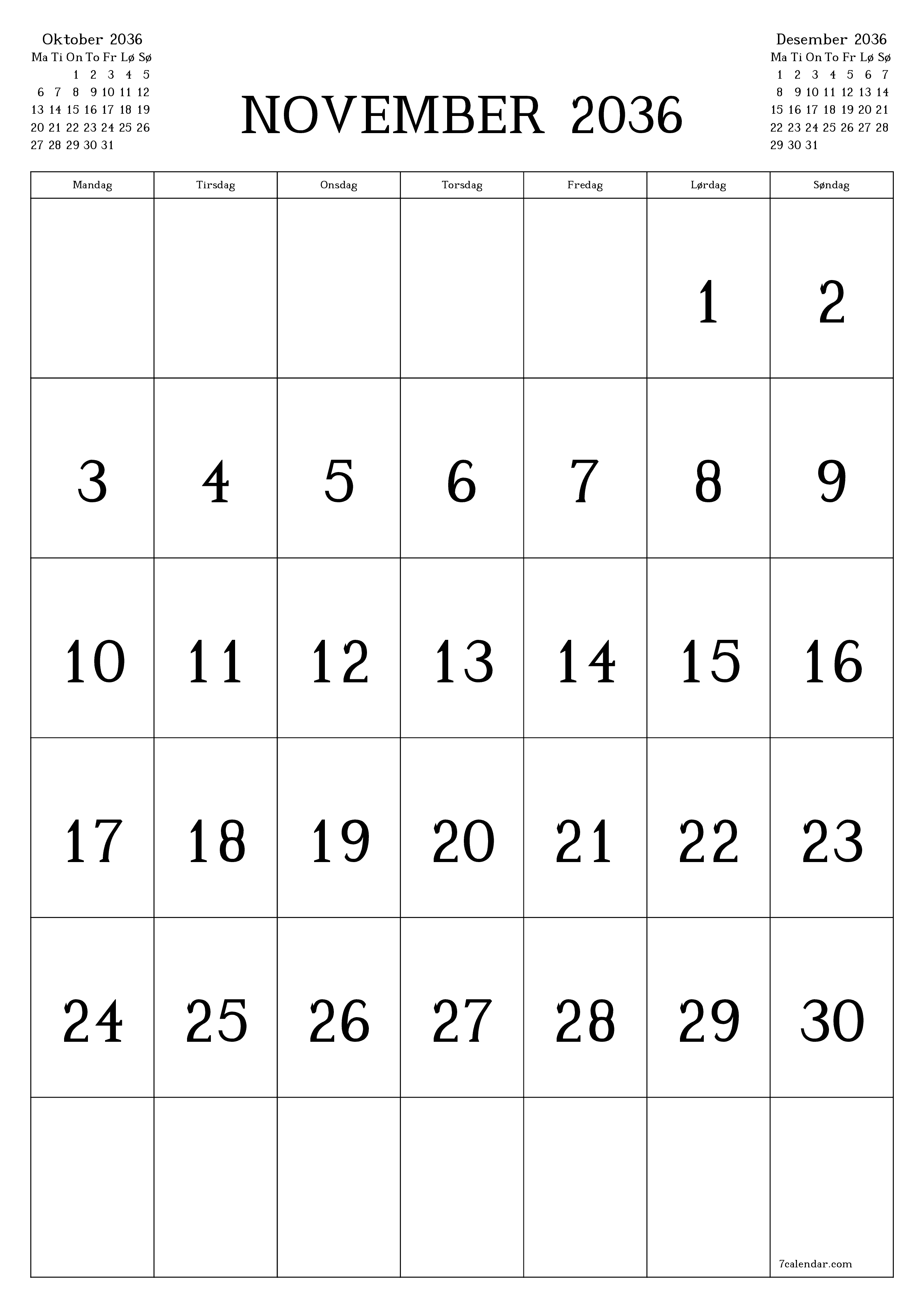 utskrivbar vegg mal gratis vertikal Månedlig kalender November (Nov) 2036