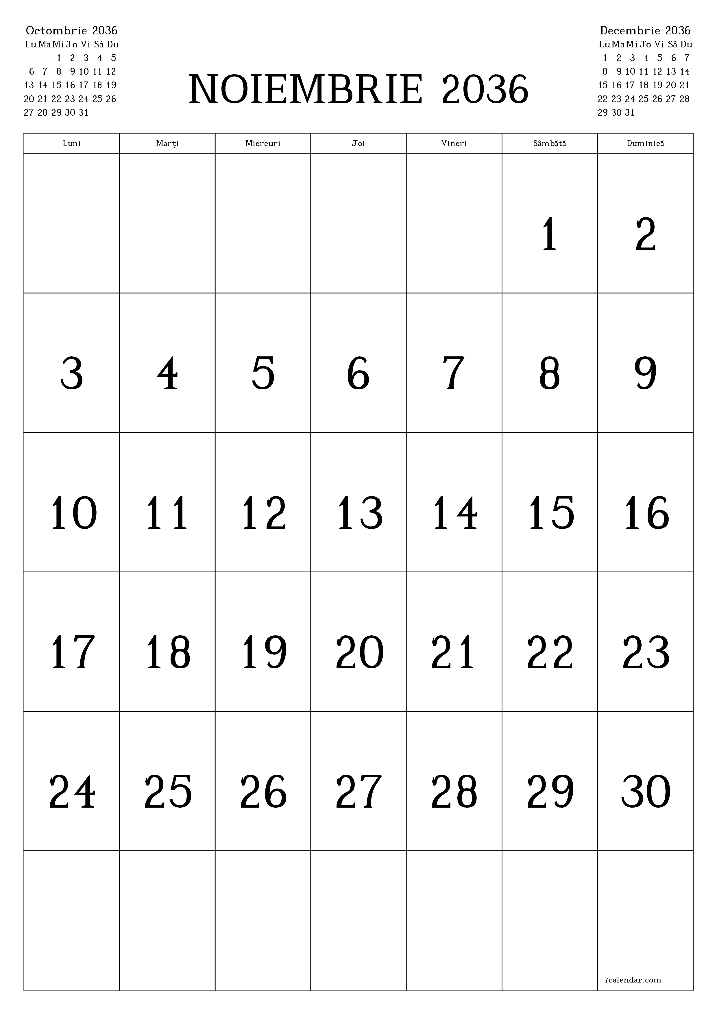  imprimabil de perete șablon de gratuitvertical Lunar calendar Noiembrie (Nov) 2036
