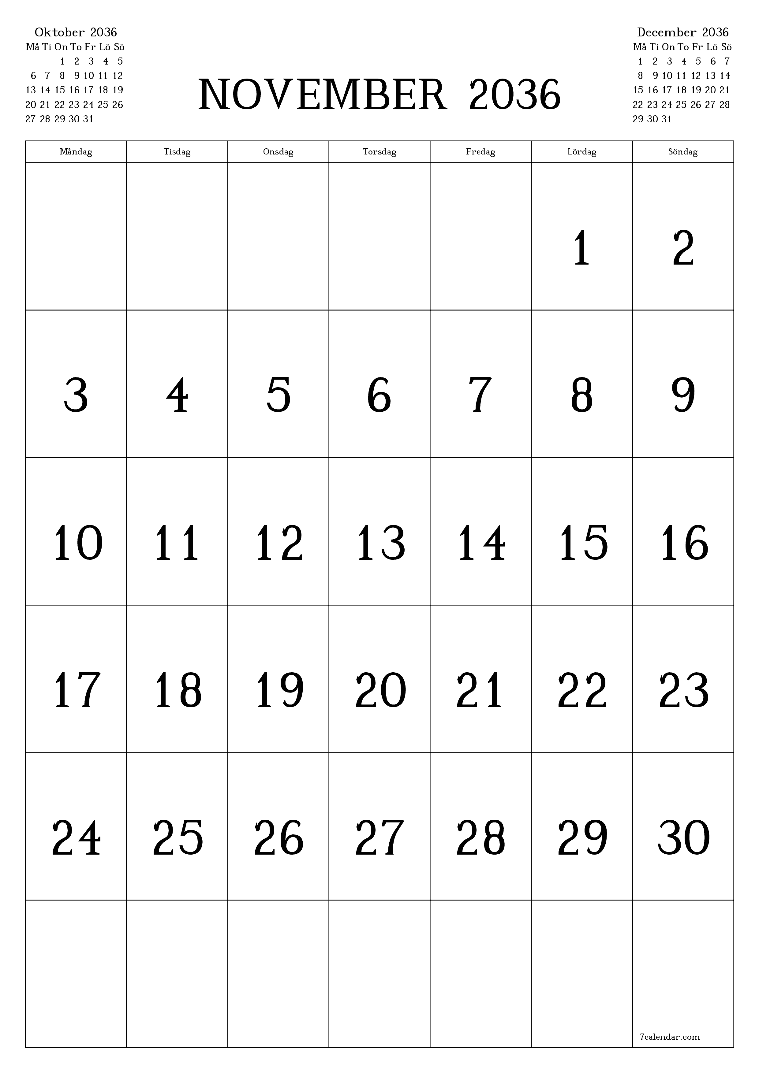 utskrivbar vägg mall gratis vertikal Månatlig kalender November (Nov) 2036