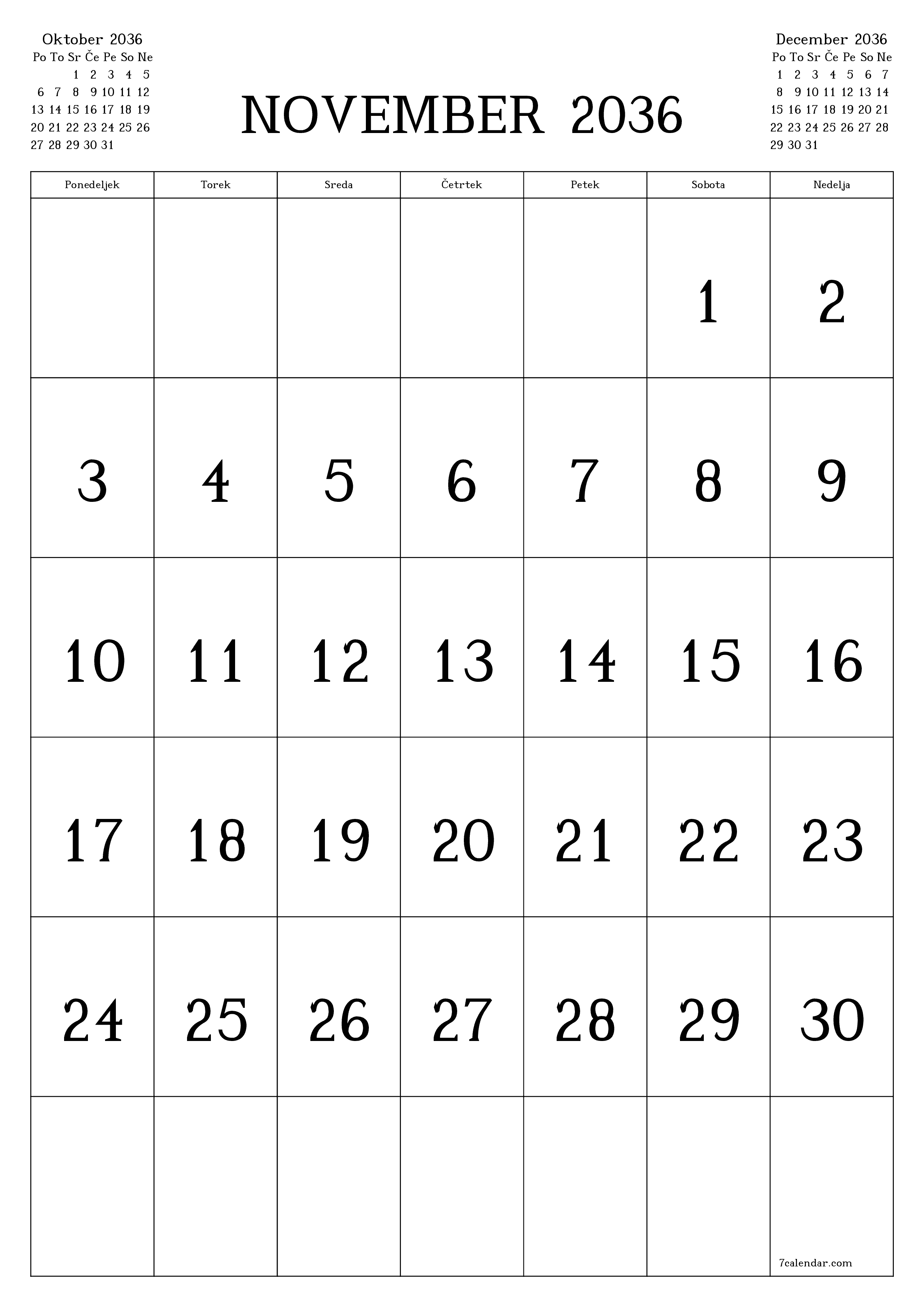 natisljiv stenski ska predloga brezplačni vertical Mesečno koledar November (Nov) 2036