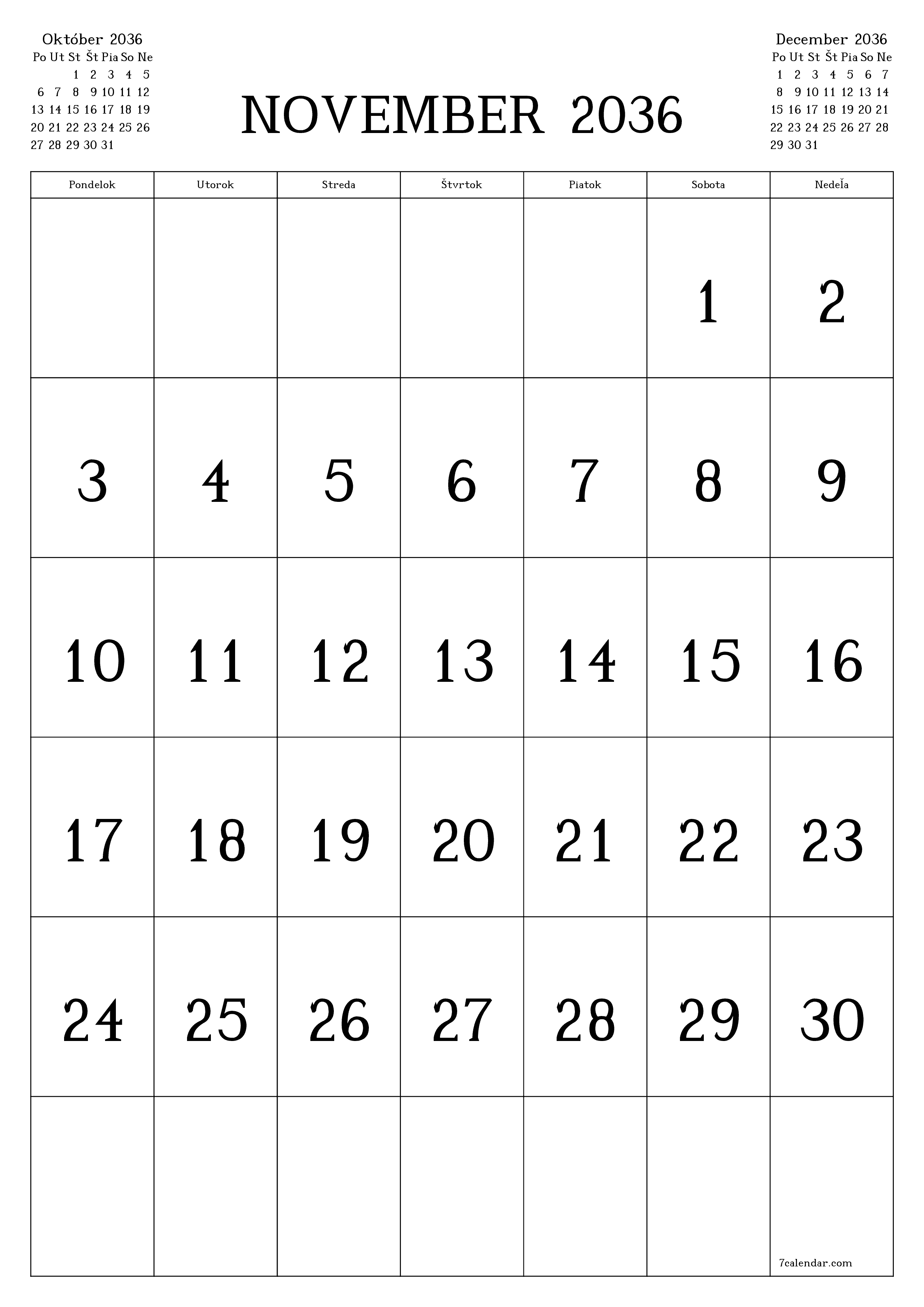 vytlačiteľný nástenný šablóna a bezplatný вертикальный Mesačne kalendár November (Nov) 2036