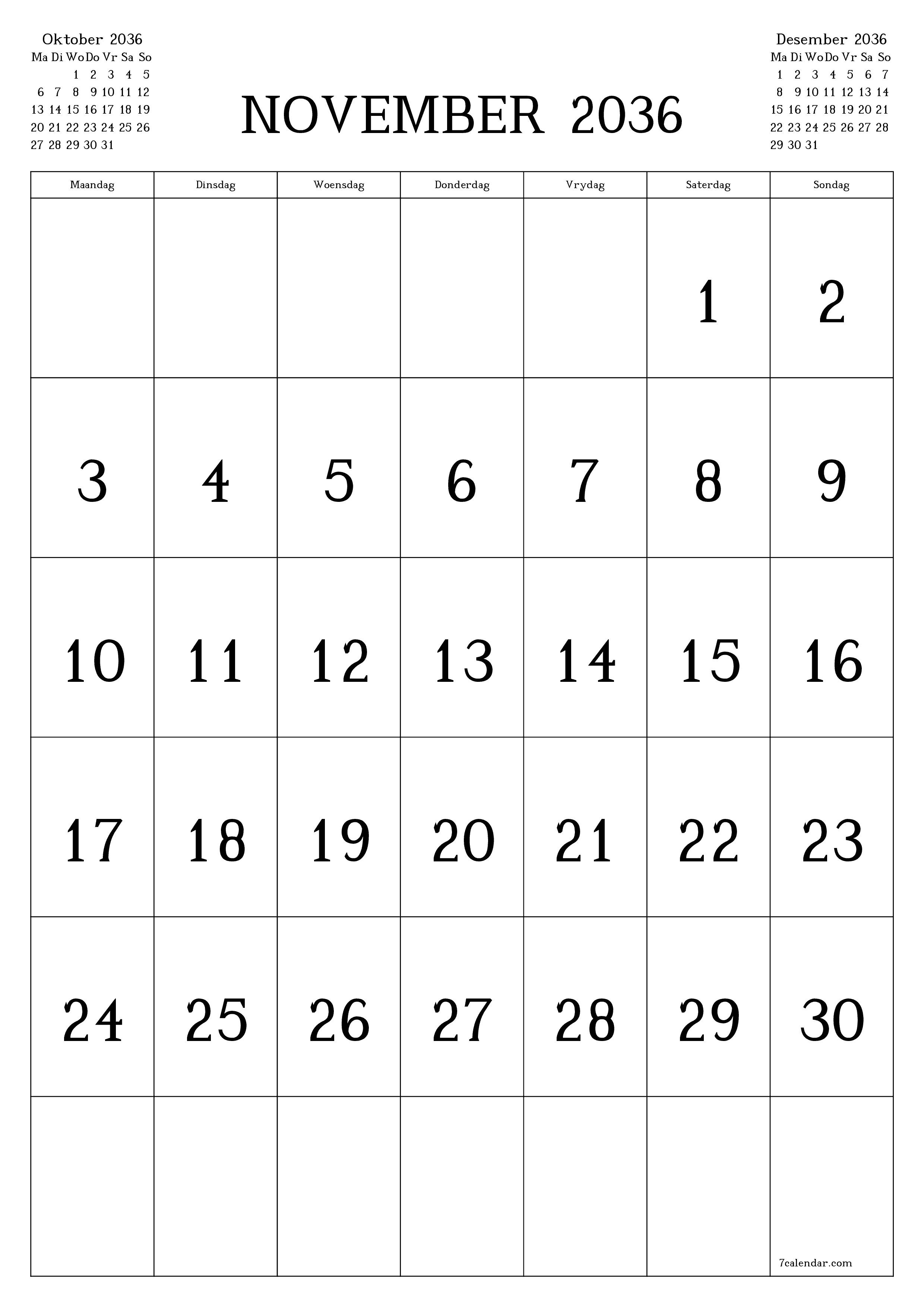 drukbare muur template gratis vertikaal Maandeliks kalender November (Nov) 2036
