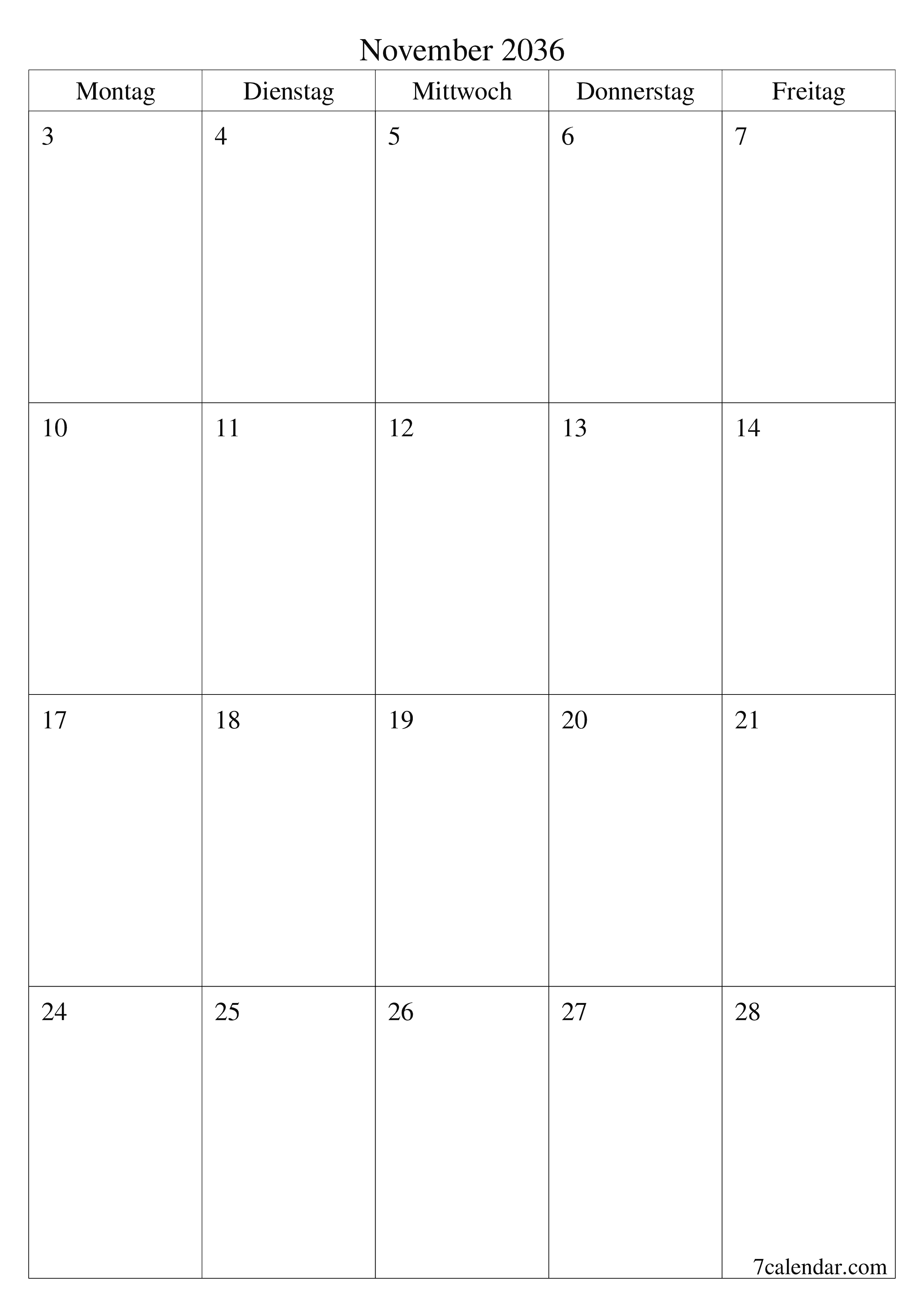  zum Ausdrucken Wandkalender vorlage kostenloser vertikal Monatlich Planer Kalender November (Nov) 2036