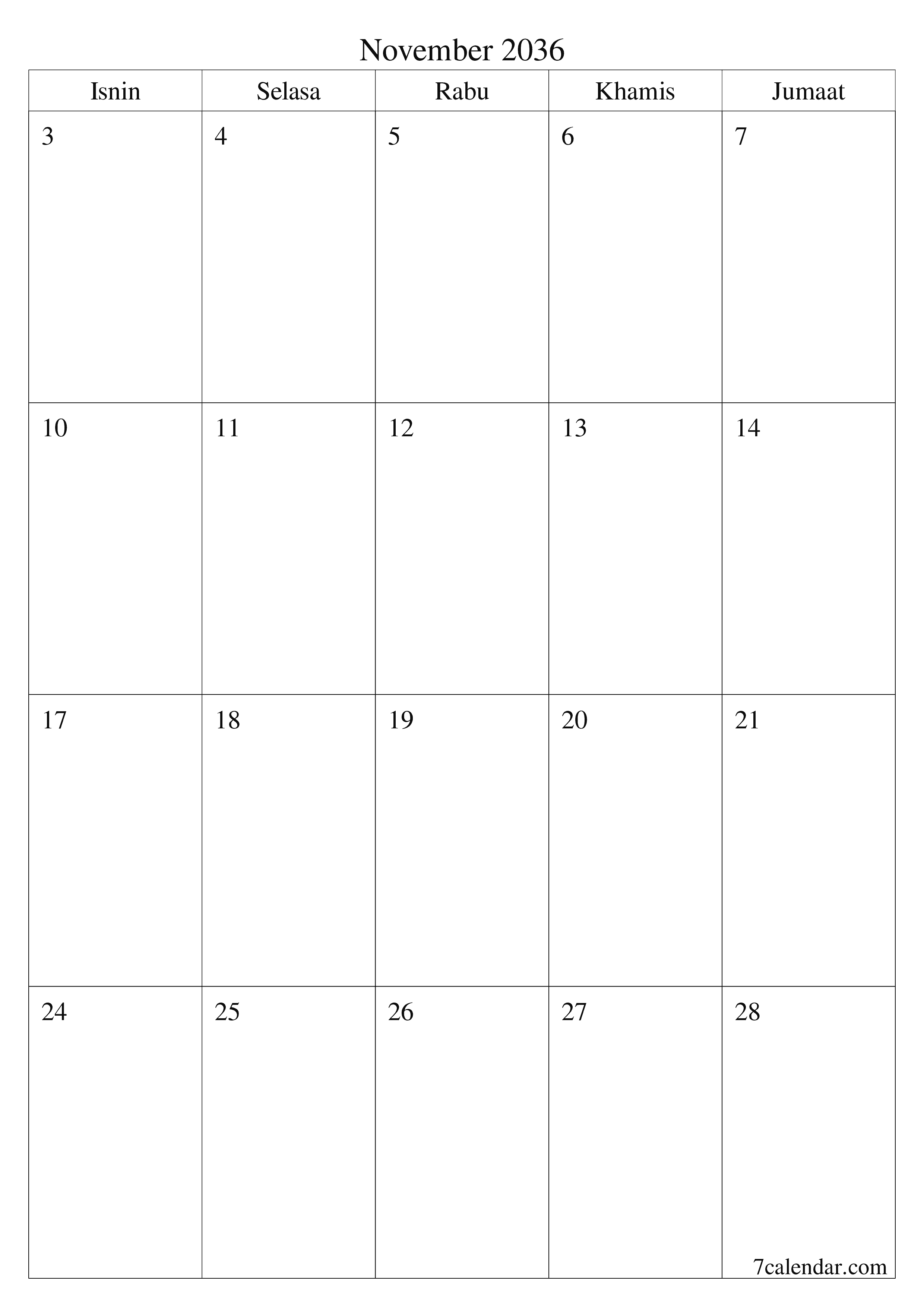  boleh cetak dinding templat percumamenegak Bulanan perancang kalendar November (Nov) 2036