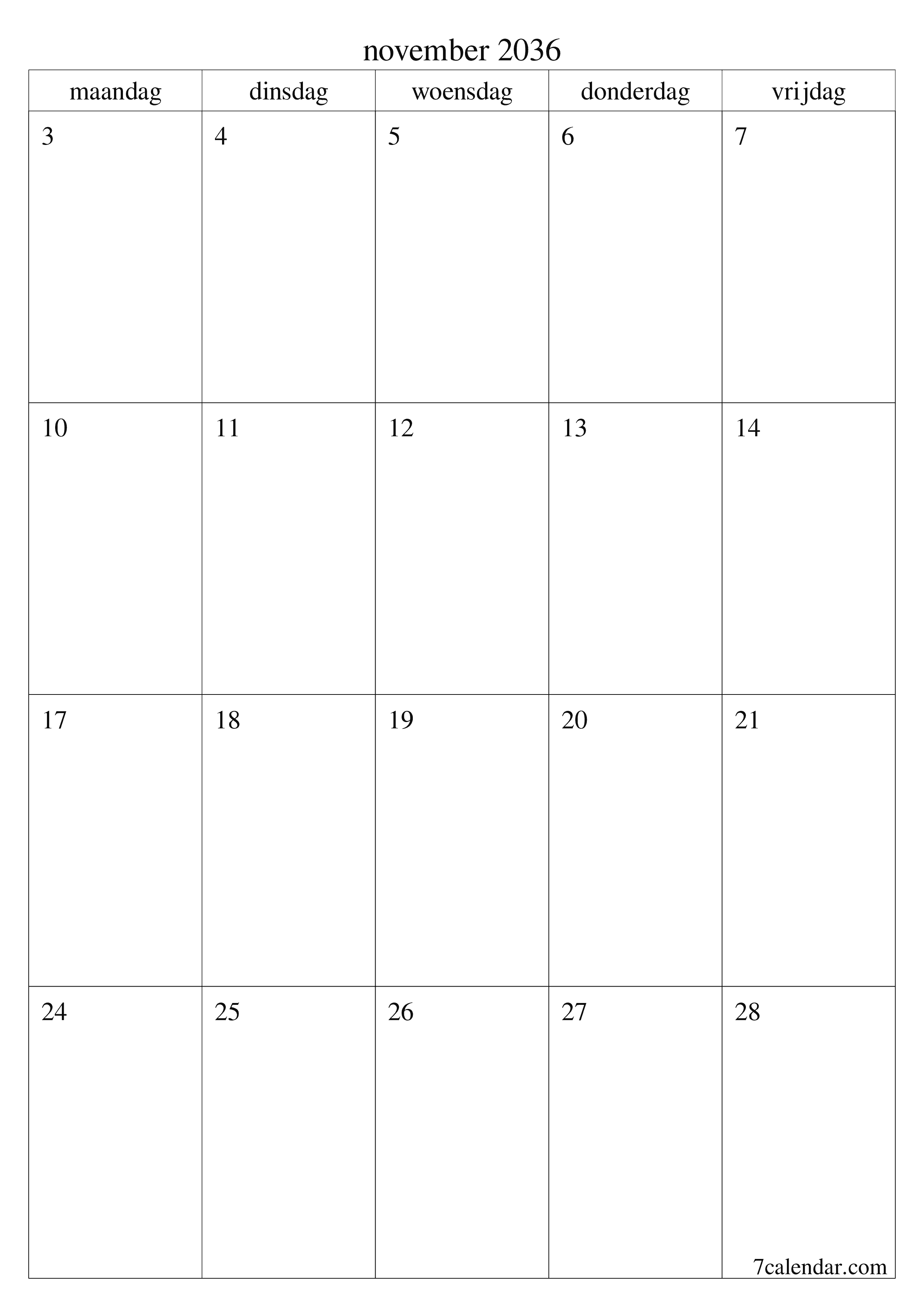 afdrukbare muur sjabloon gratis verticaal Maandelijks planner kalender november (nov) 2036