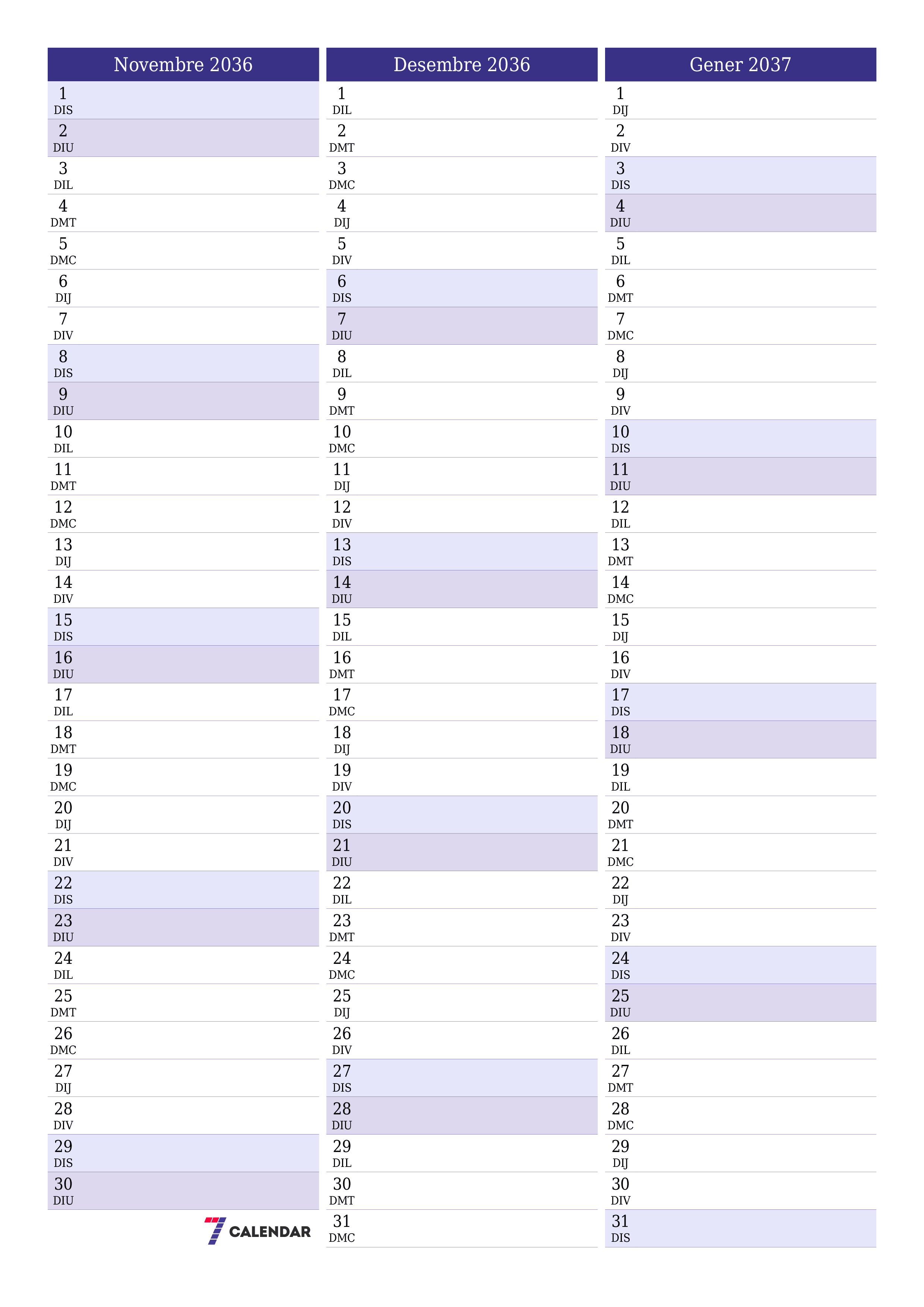  imprimible de paret plantilla de gratuïtvertical Mensual planificador calendari Novembre (Nov) 2036