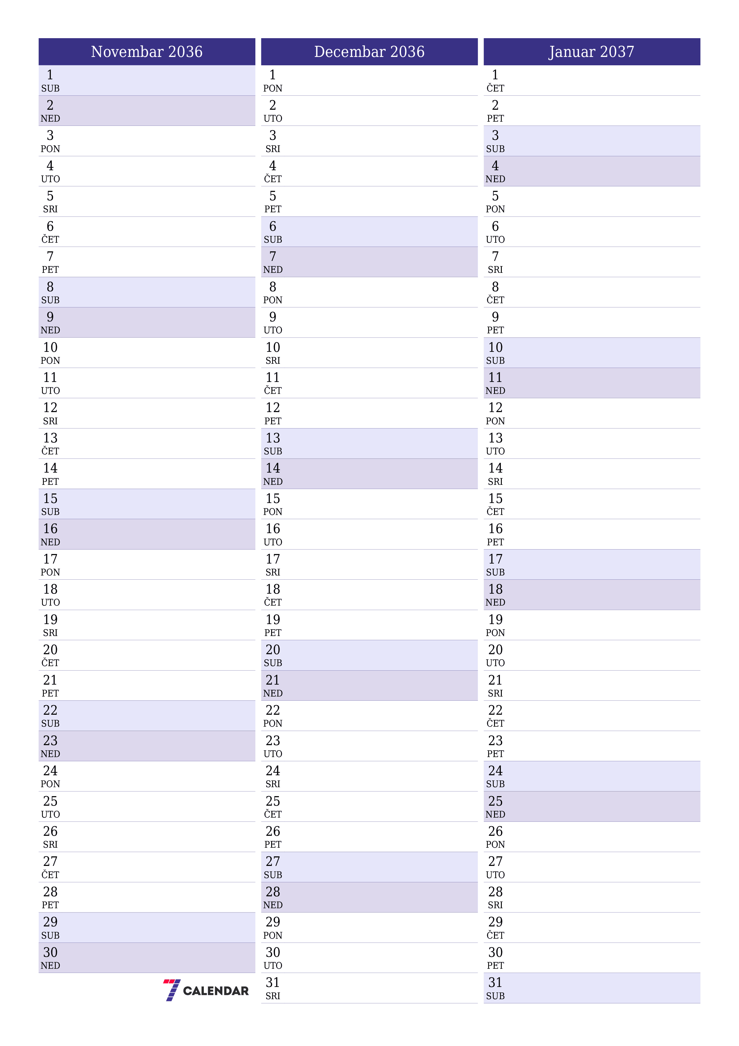  za štampanje zidni šablon a besplatni vertikalno Mjesečno planer kalendar Novembar (Nov) 2036