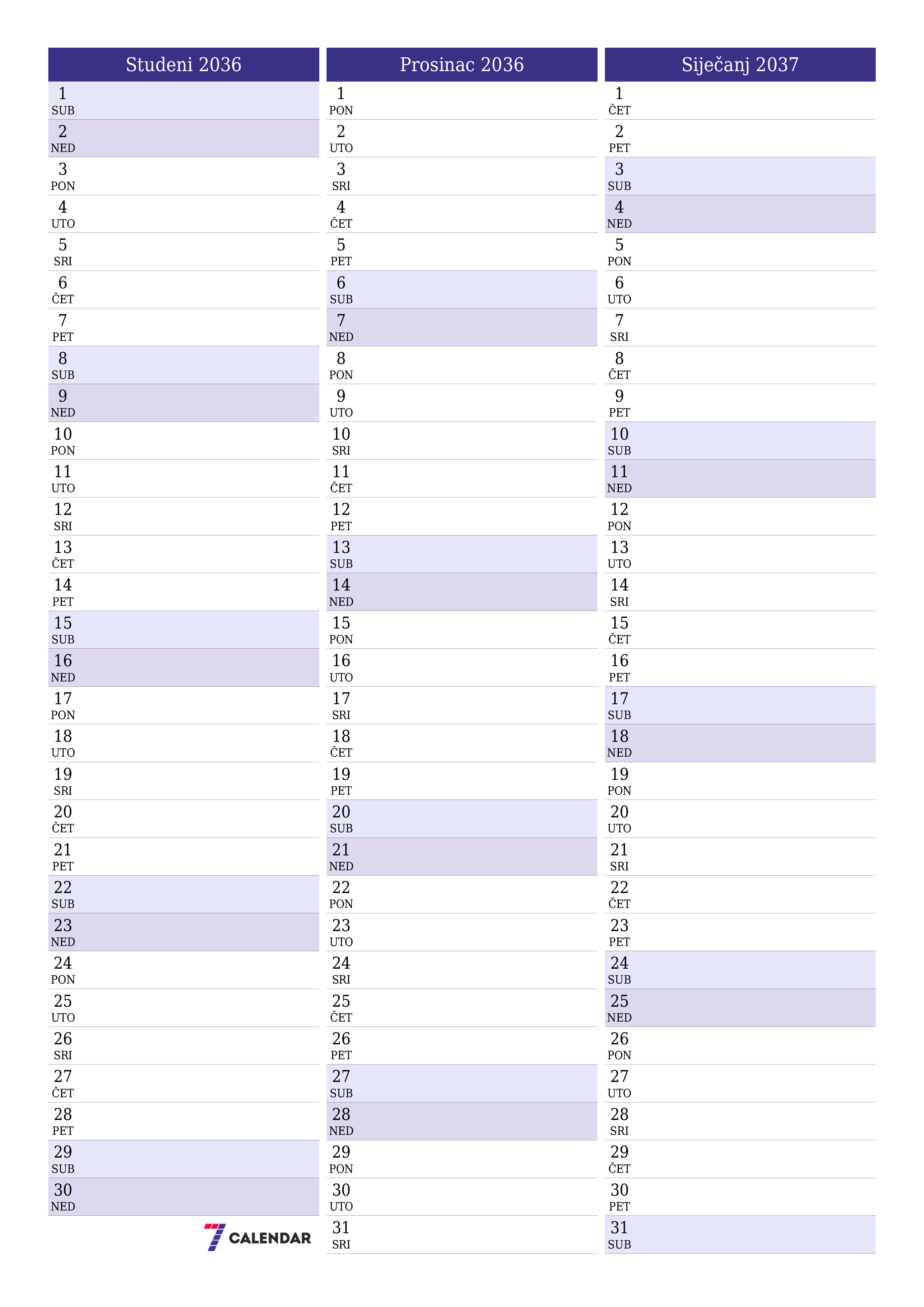  za ispis zidni predložak a besplatni okomito Mjesečni planer kalendar Studeni (Stu) 2036
