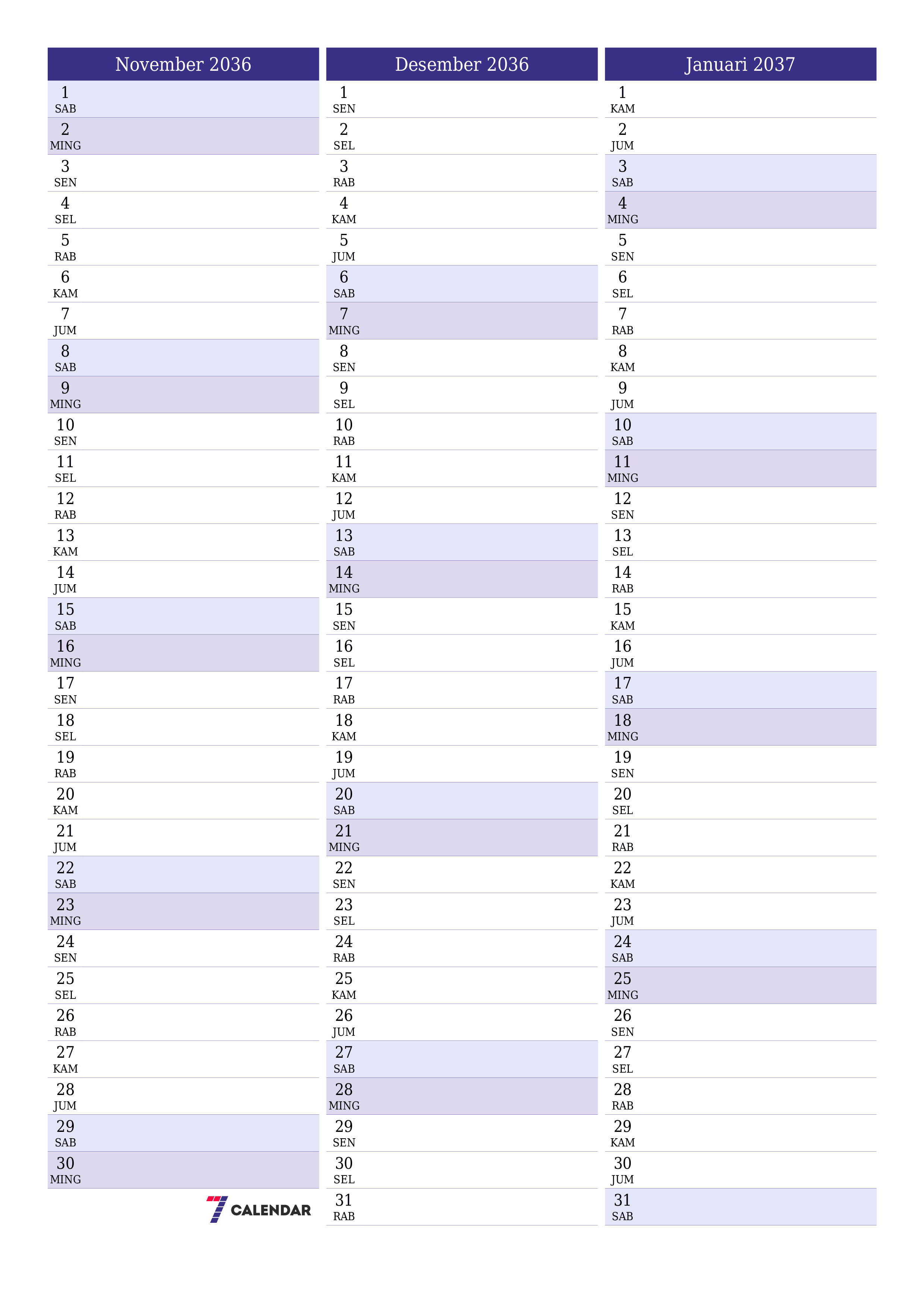  yang dapat dicetak dinding templat gratisvertikal Bulanan perencana kalender November (Nov) 2036