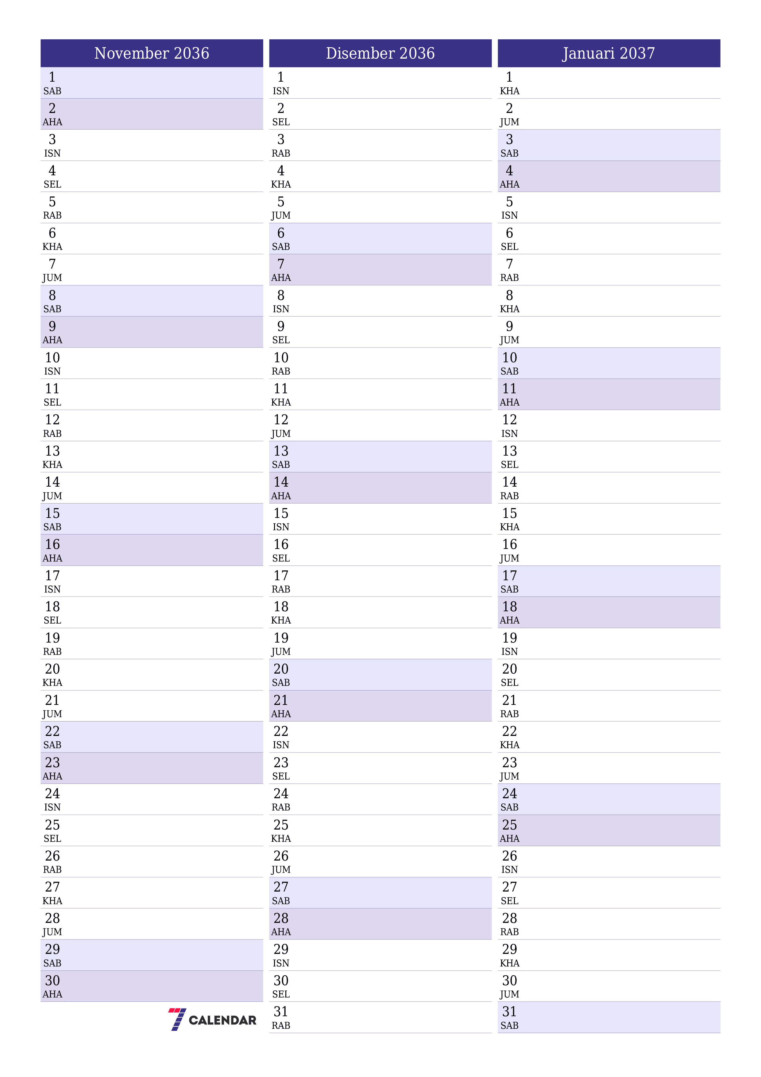  boleh cetak dinding templat percumamenegak Bulanan perancang kalendar November (Nov) 2036