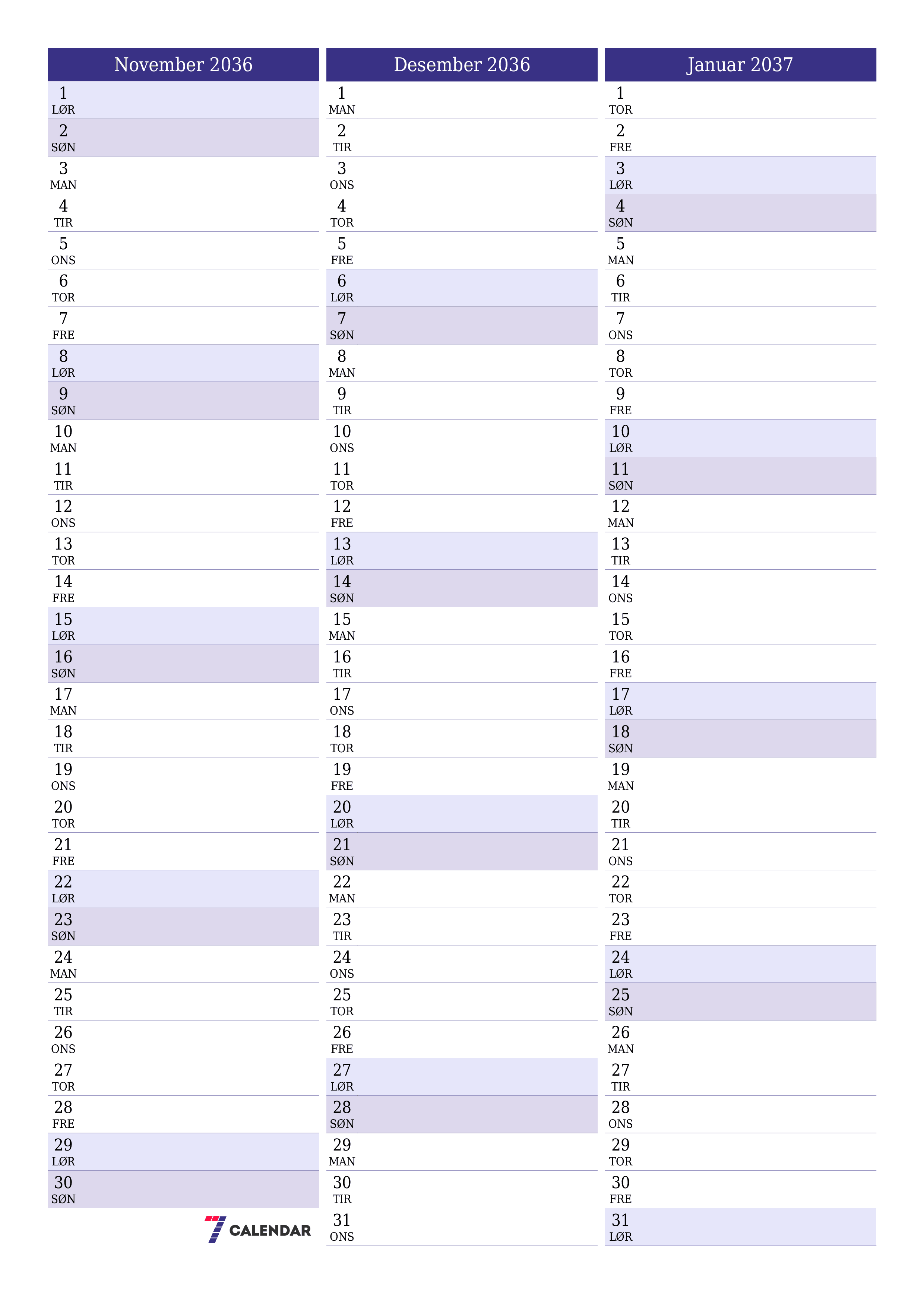 utskrivbar vegg mal gratis vertikal Månedlig planlegger kalender November (Nov) 2036