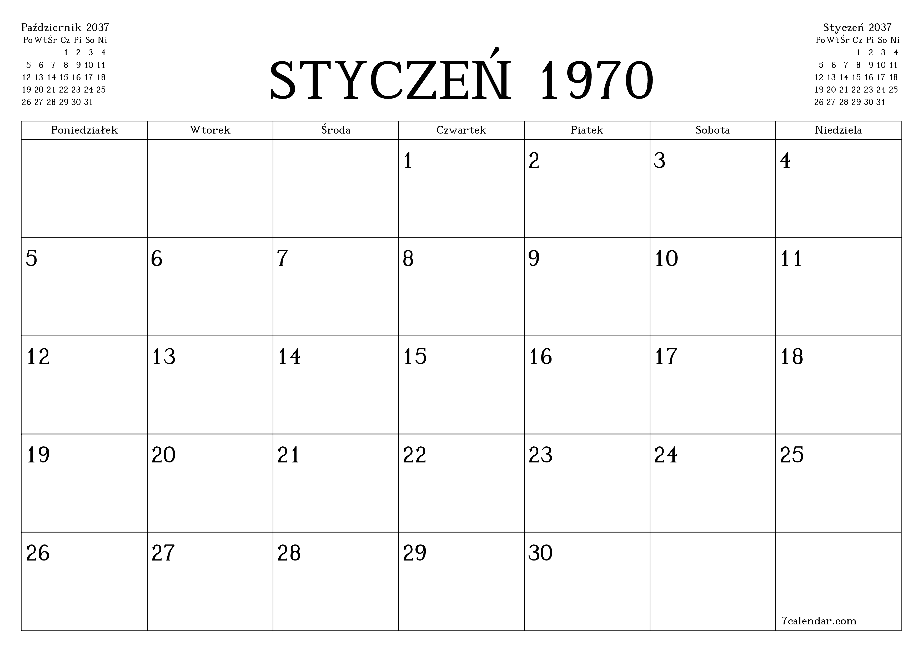 Opróżnij miesięczny planer na miesiąc Listopad 2037 z notatkami, zapisz i wydrukuj w formacie PDF PNG Polish