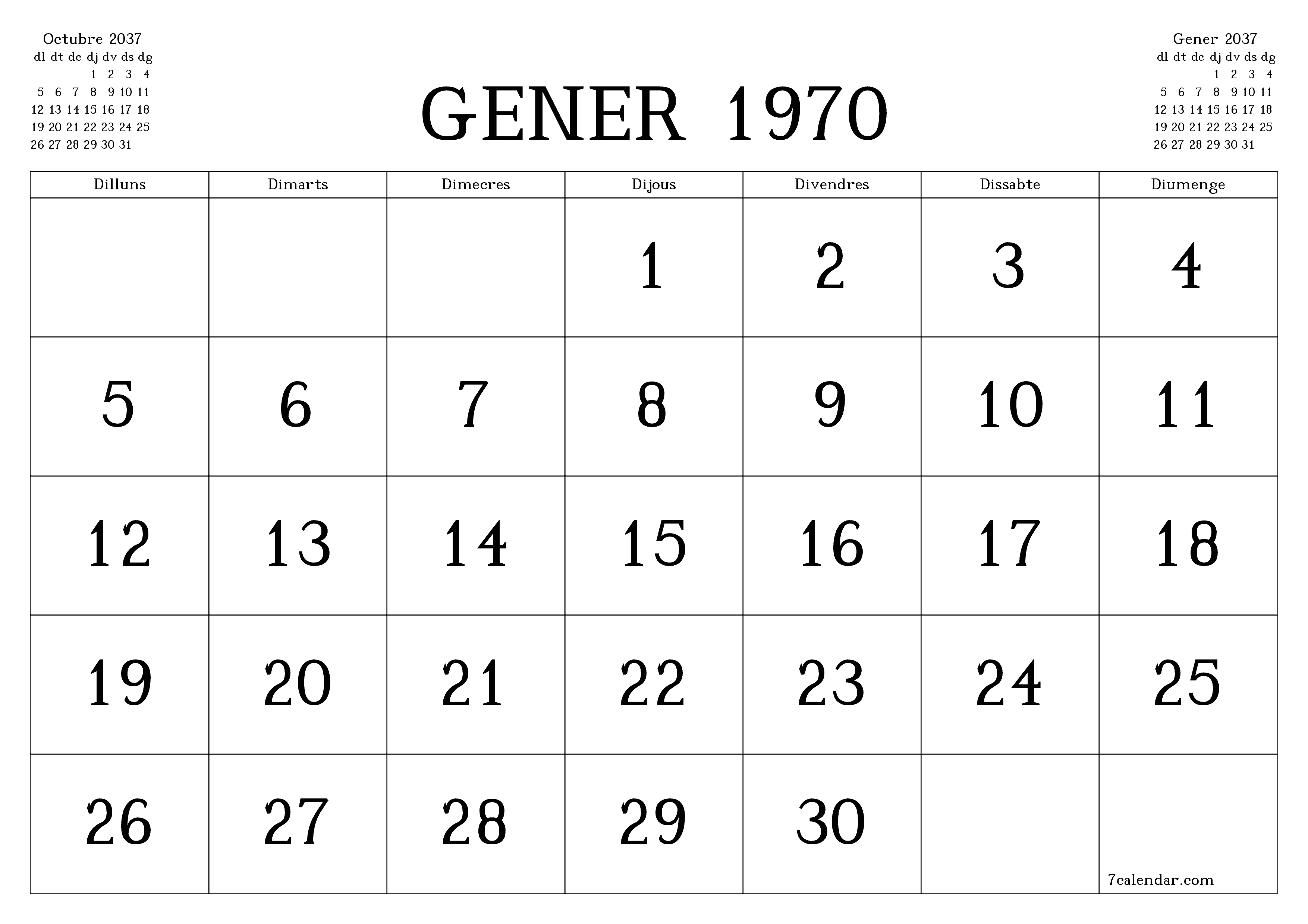 Planificador mensual buit del mes Novembre 2037 amb notes, deseu-lo i imprimiu-lo en format PDF PNG Catalan