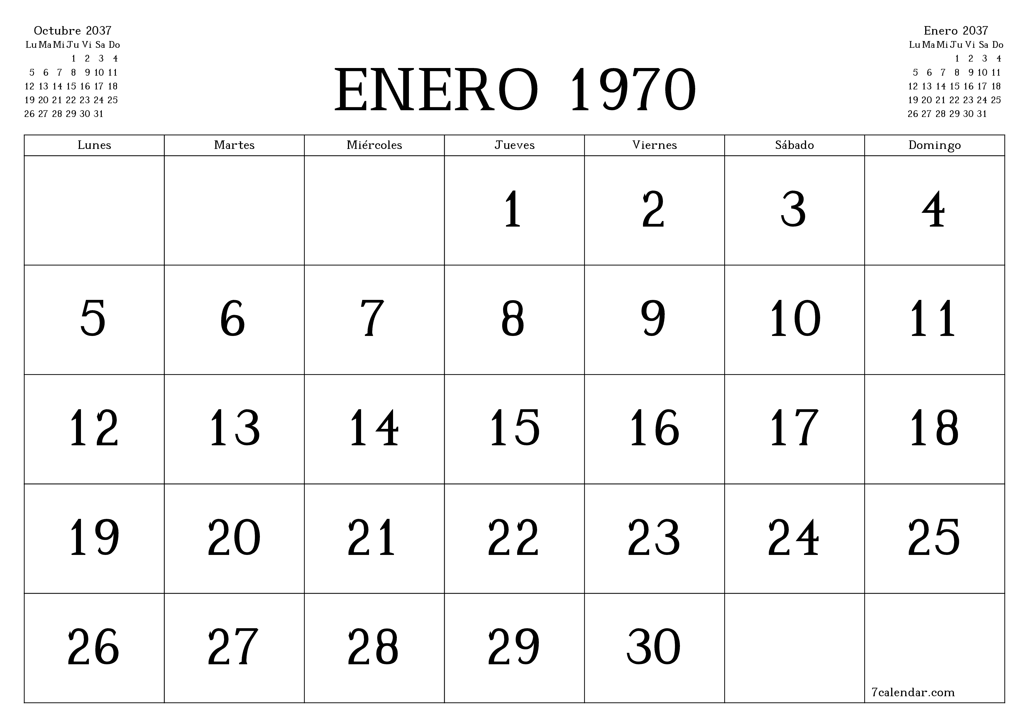 Planificador mensual vacío para el mes Noviembre 2037 con notas, guardar e imprimir en PDF PNG Spanish