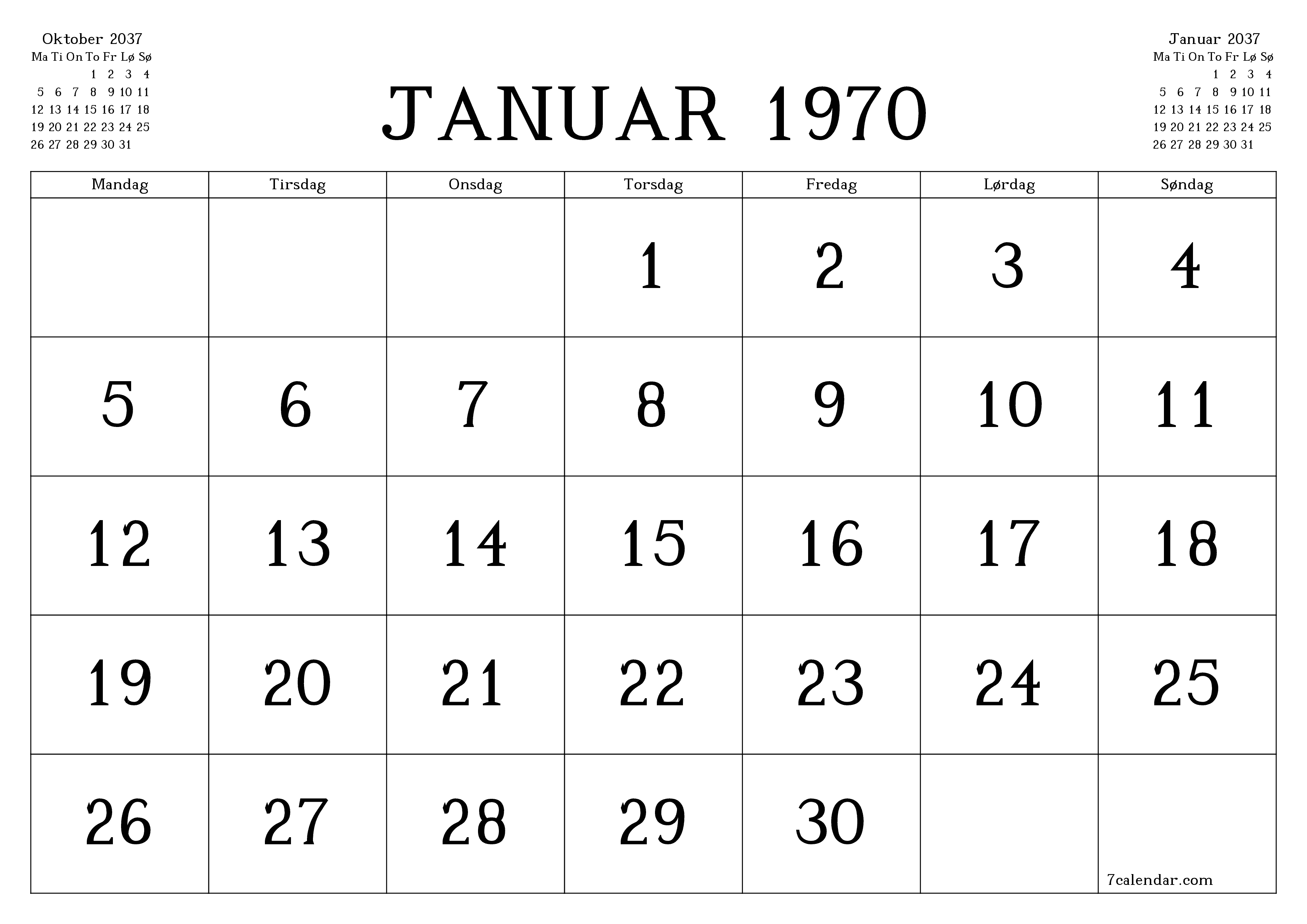 Tom månedlig planlegger for måned November 2037 med notater, lagre og skriv ut til PDF PNG Norwegian