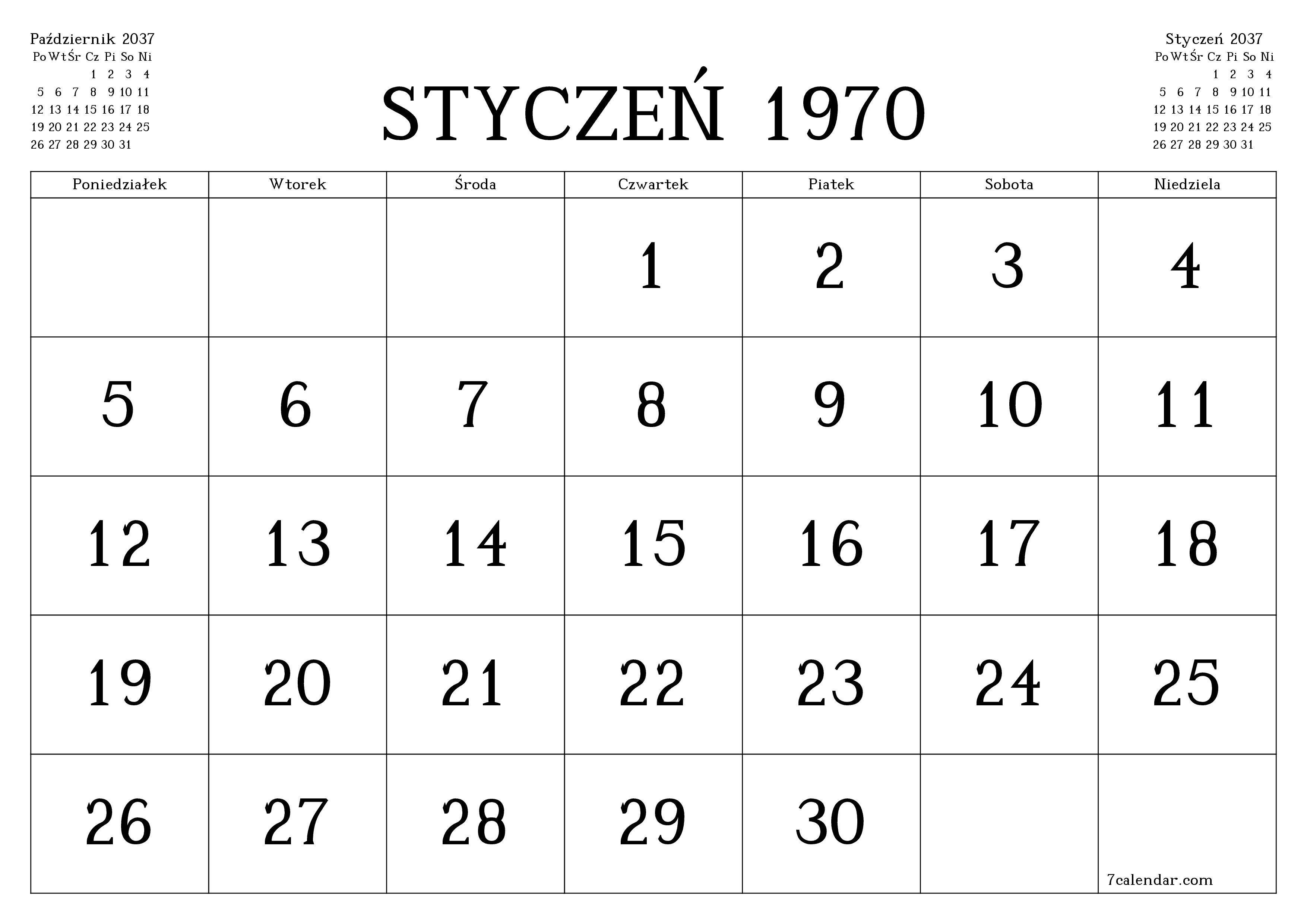 Opróżnij miesięczny planer na miesiąc Listopad 2037 z notatkami, zapisz i wydrukuj w formacie PDF PNG Polish