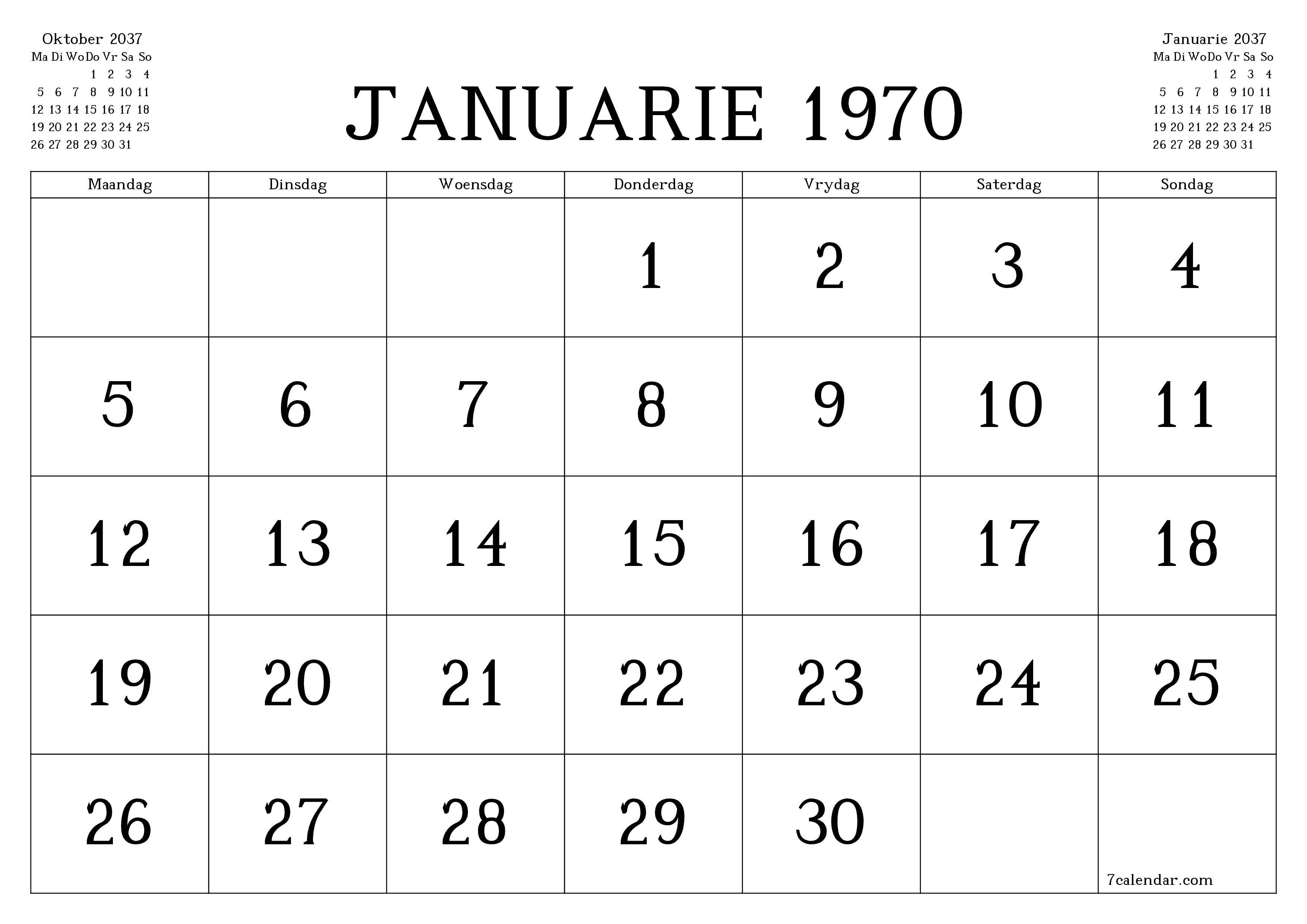 Leë maandelikse drukbare kalender en beplanner vir maand November 2037 met notas stoor en druk na PDF PNG Afrikaans