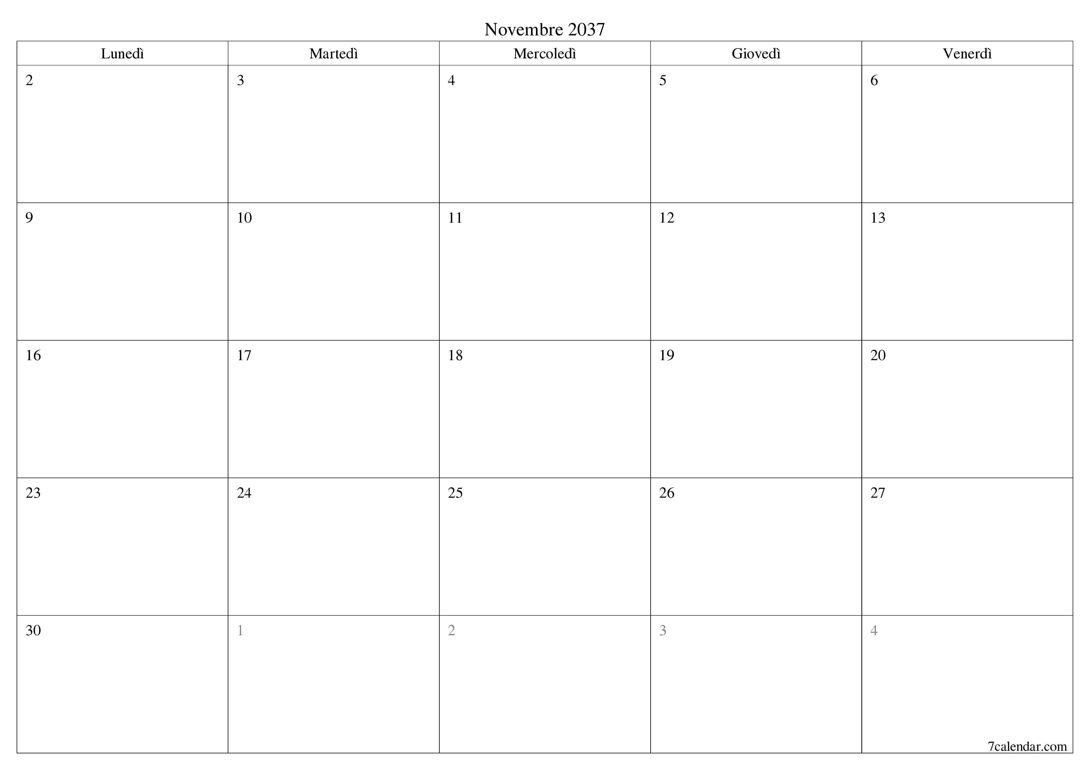 Pianificatore mensile vuoto per il mese Novembre 2037 con note, salva e stampa in PDF PNG Italian