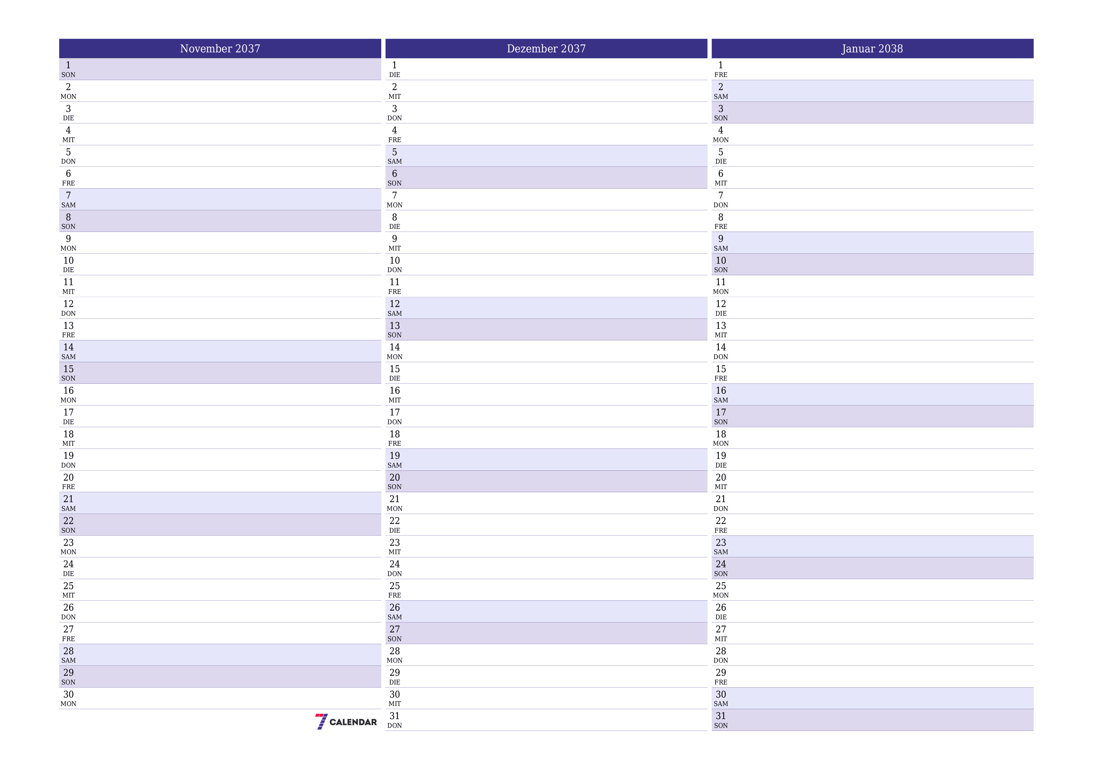 Monatsplaner für Monat November 2037 mit Notizen leeren, speichern und als PDF PNG German - 7calendar.com drucken