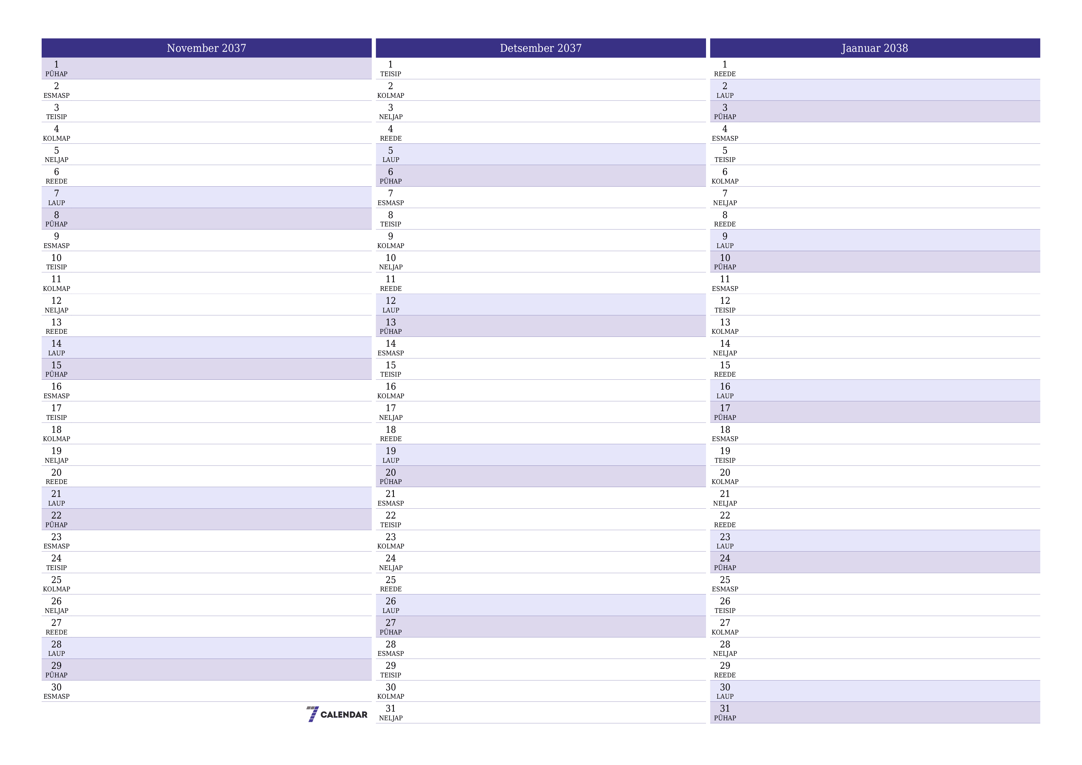 Tühjendage kuu November 2037 kuuplaneerija märkmetega, salvestage ja printige PDF-i PNG Estonian