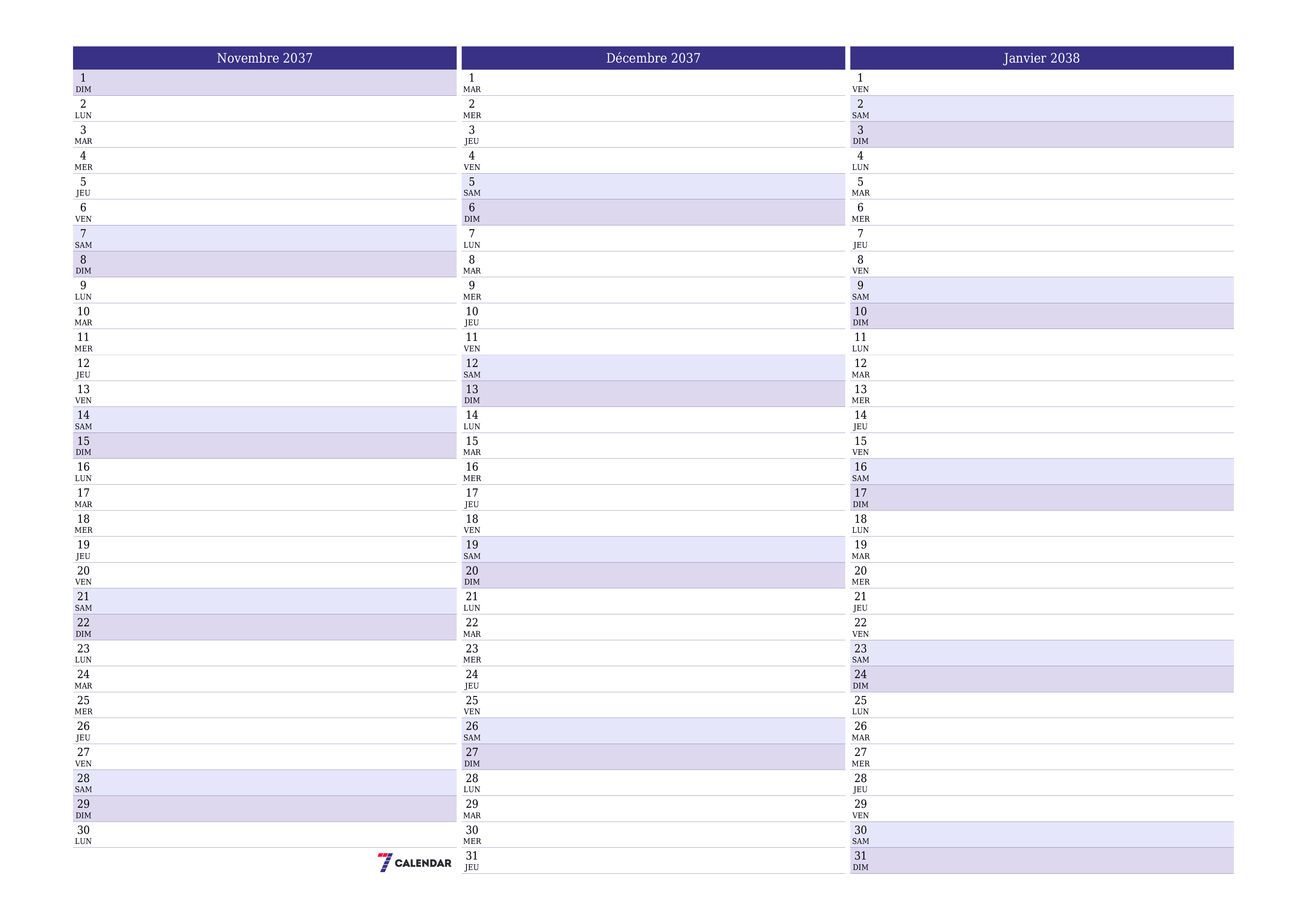Agenda mensuel vide pour le mois Novembre 2037 avec notes, enregistrez et imprimez au format PDF PNG French
