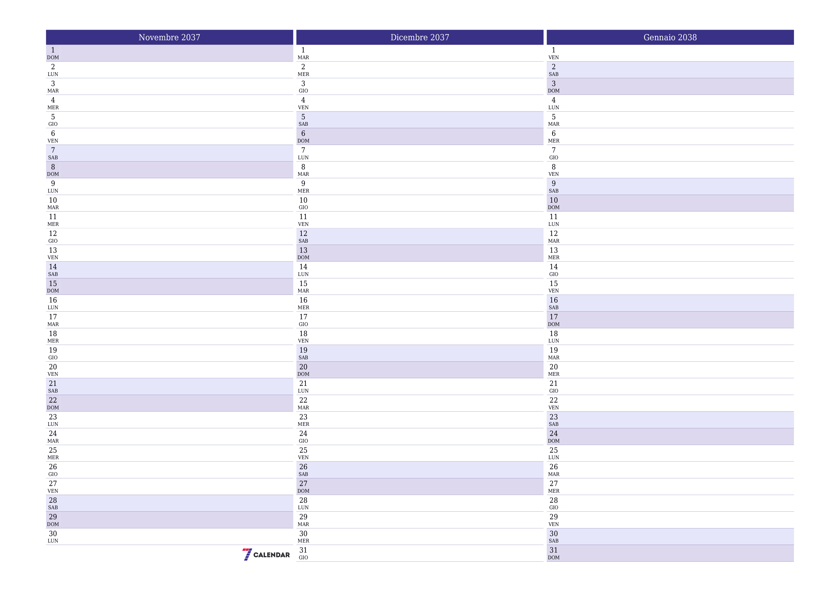 Pianificatore mensile vuoto per il mese Novembre 2037 con note, salva e stampa in PDF PNG Italian