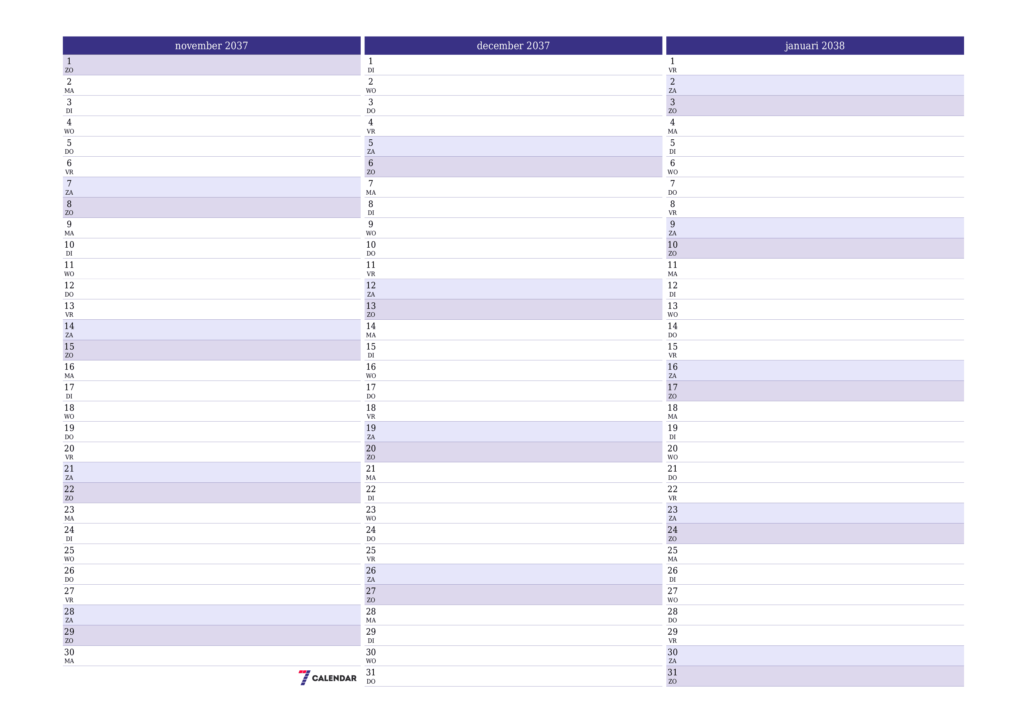 Lege maandplanner voor maand november 2037 met notities, opslaan en afdrukken naar pdf PNG Dutch