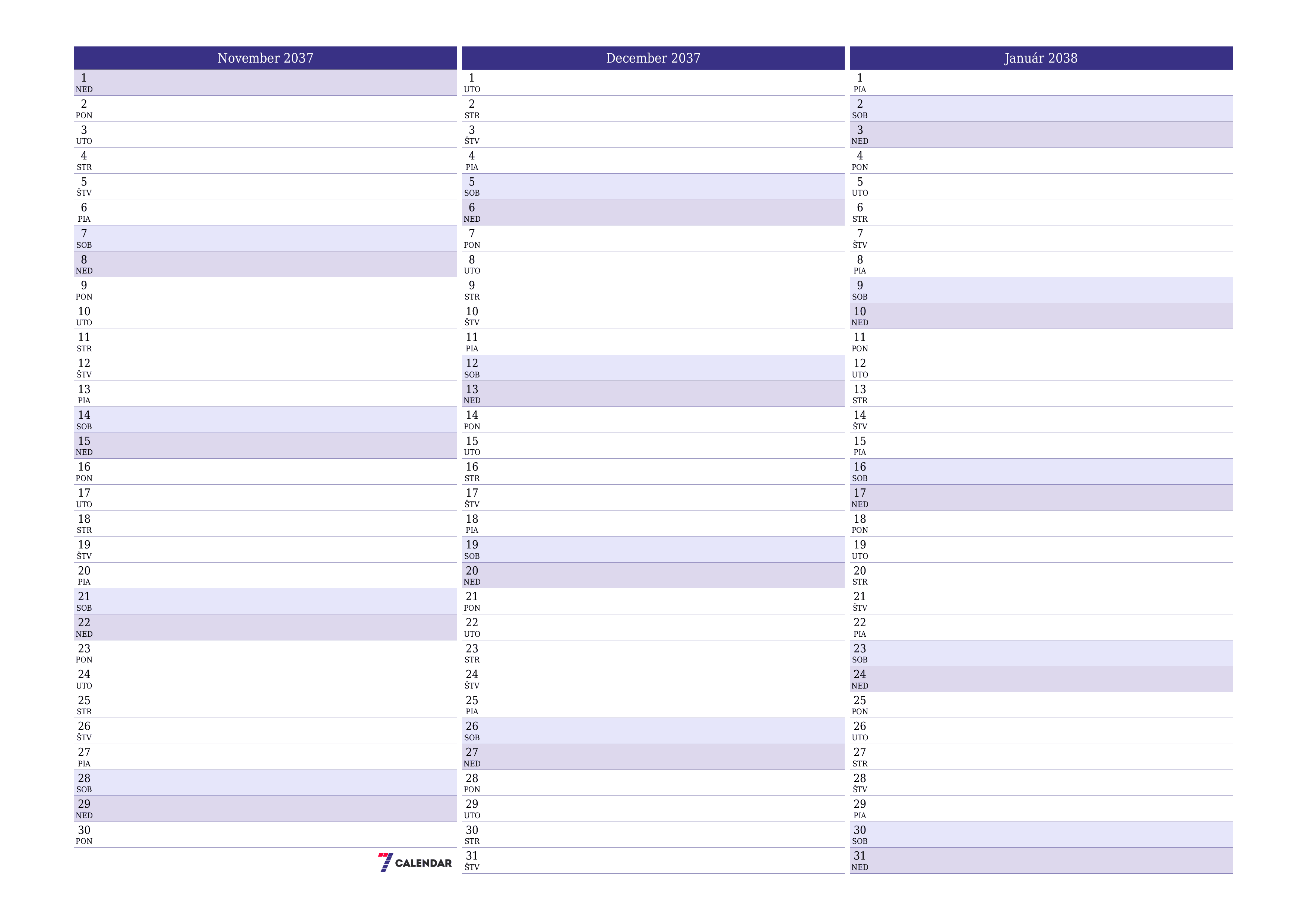 Prázdny mesačný plánovač na mesiac November 2037 s poznámkami, uloženie a tlač do PDF PNG Slovak
