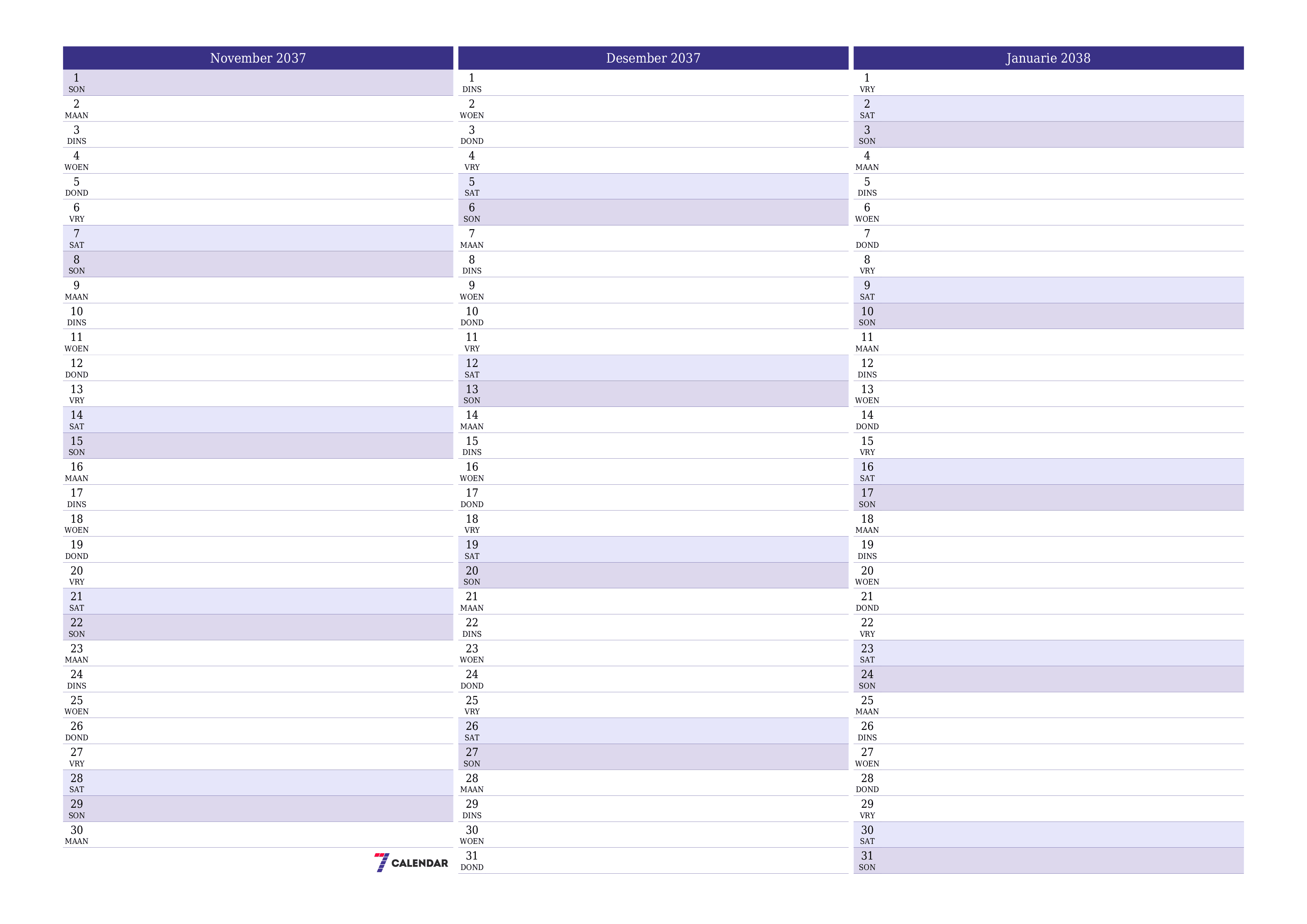 Leë maandelikse drukbare kalender en beplanner vir maand November 2037 met notas stoor en druk na PDF PNG Afrikaans