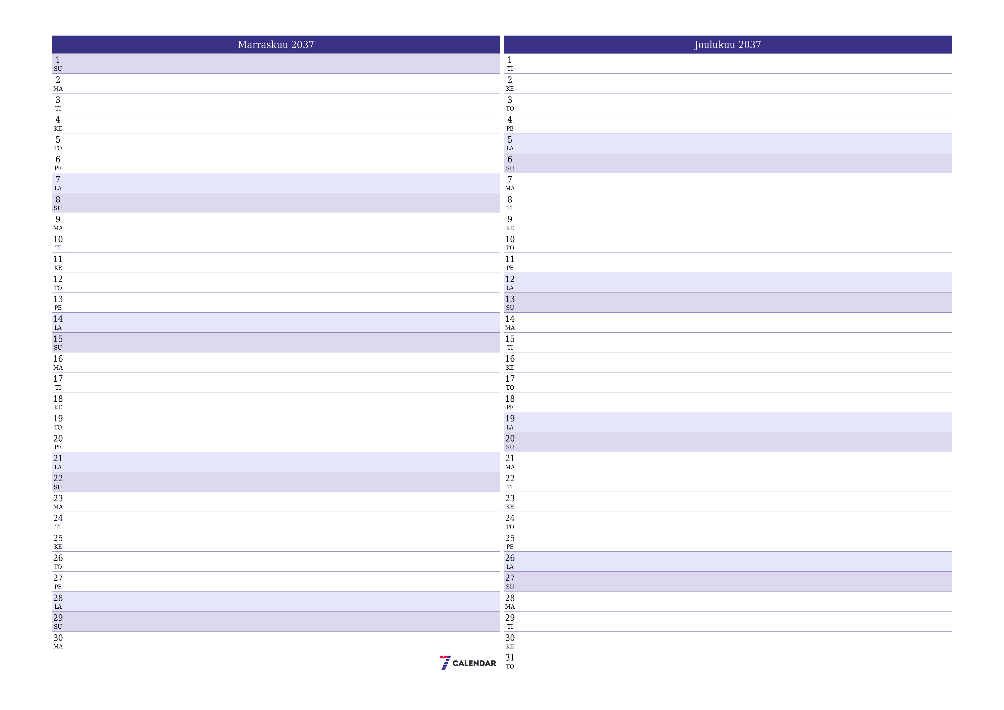 Tyhjennä kuukausittainen suunnittelija kuukaudelle Marraskuu 2037 muistiinpanoilla, tallenna ja tulosta PDF-muotoon PNG Finnish