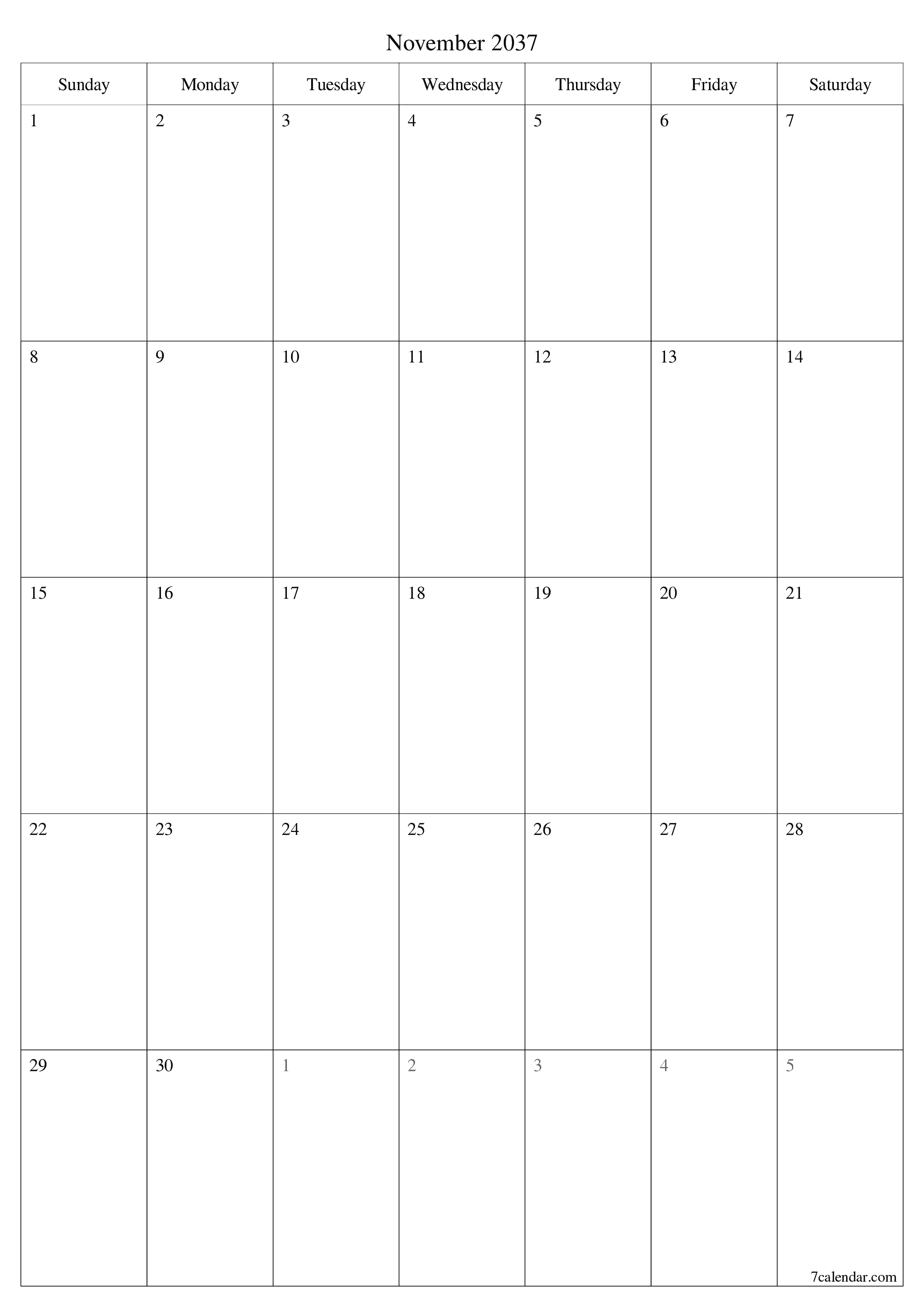 Blank calendar November 2037