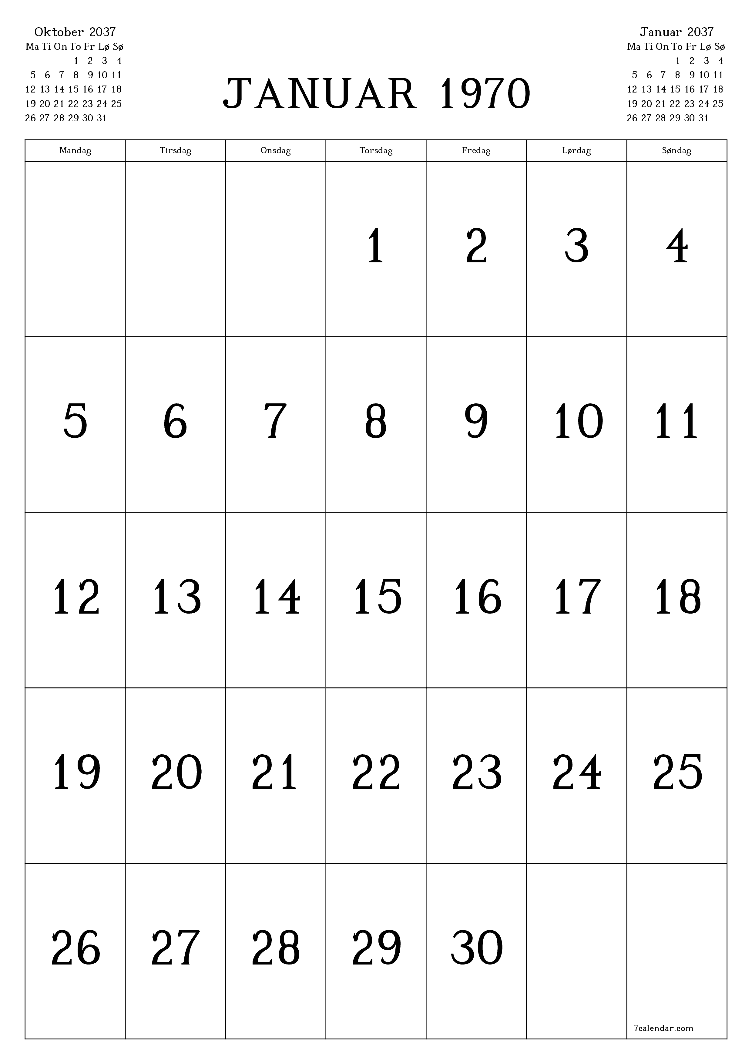 udskrivbar væg skabelon gratis lodret Månedlig kalender November (Nov) 2037