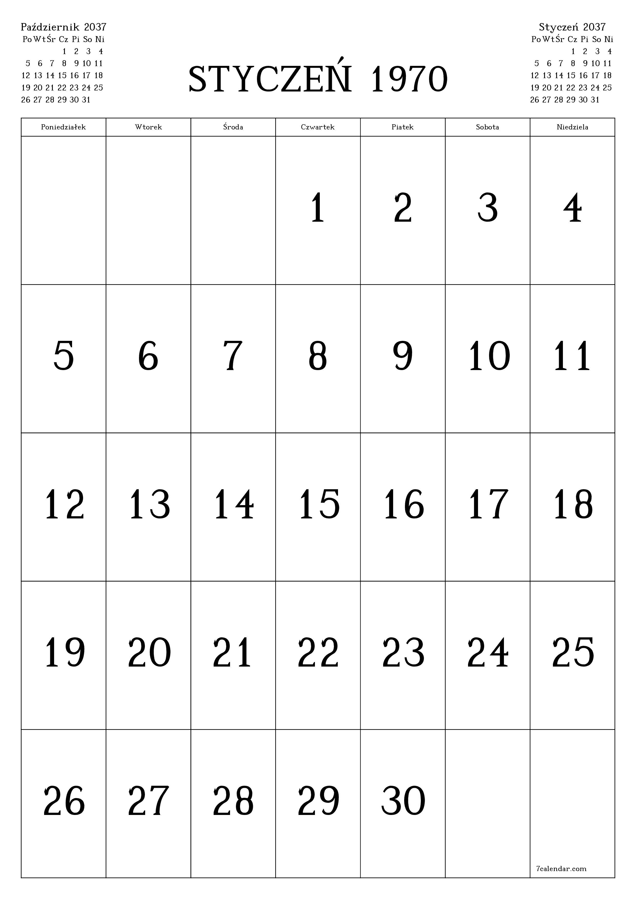  do druku ścienny szablon a darmowy pionowy Miesięczny kalendarz Listopad (Lis) 2037