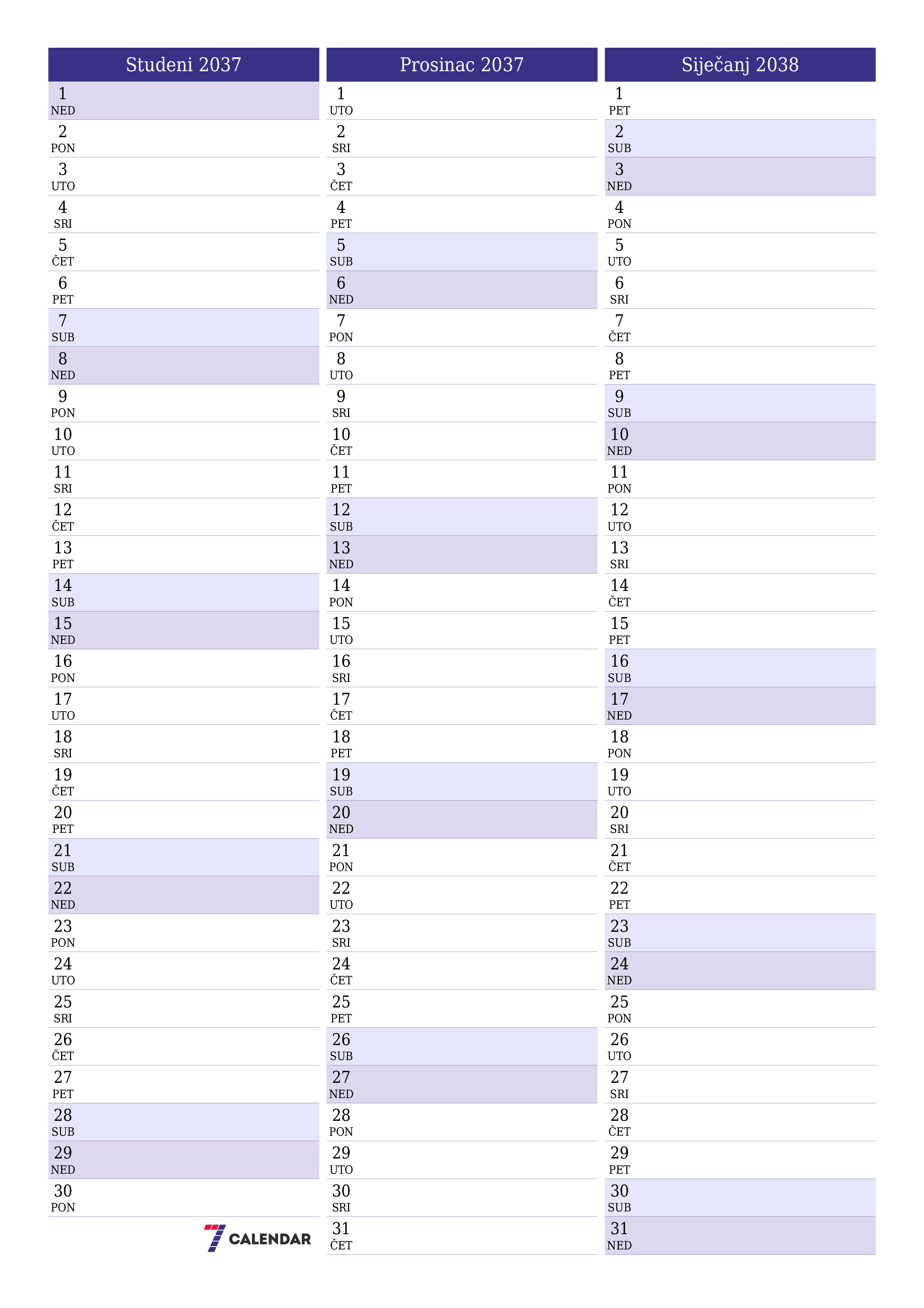  za ispis zidni predložak a besplatni okomito Mjesečni planer kalendar Studeni (Stu) 2037
