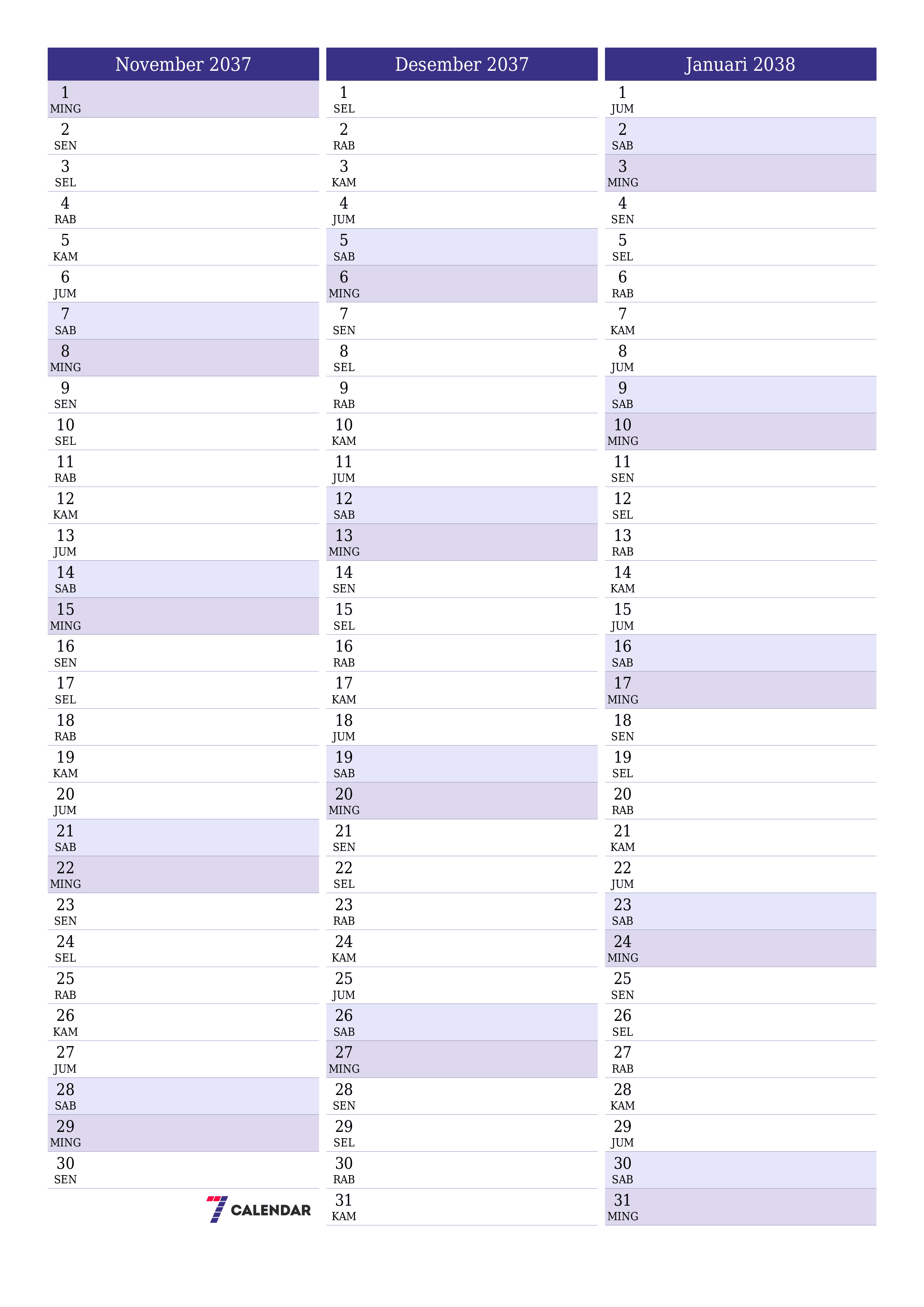 Kosongkan agenda bulanan untuk bulan November 2037 dengan catatan, simpan dan cetak ke PDF PNG Indonesian